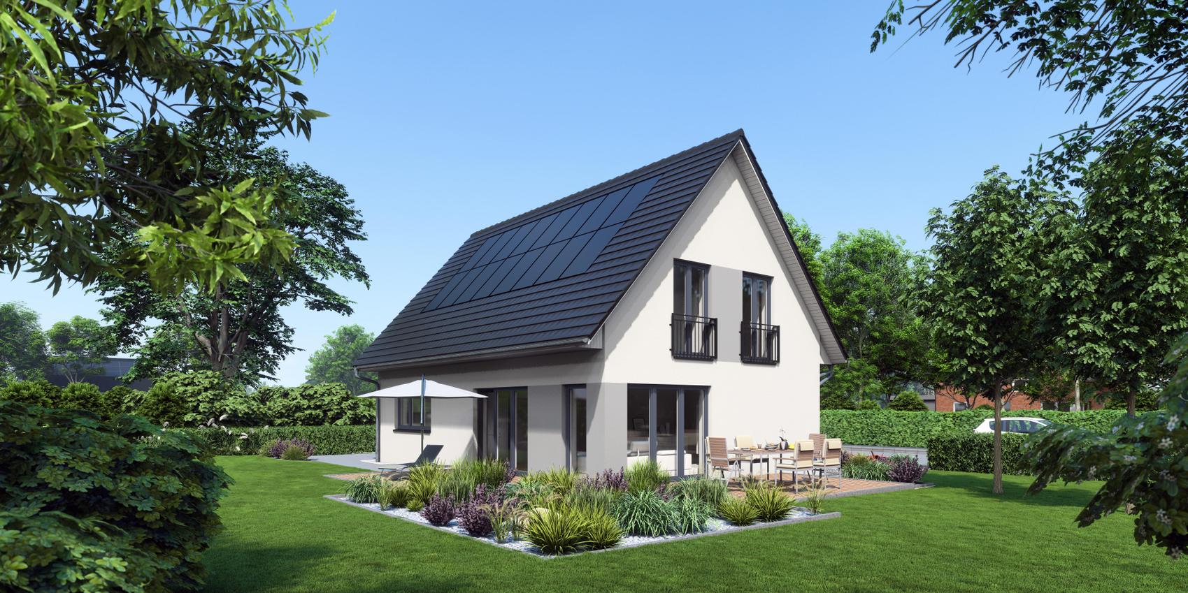 Einfamilienhaus weiß verputzt mit grauen Elementen und zwei Terrassen. Das Haus heißt Maxime 120 von Viebrockhaus