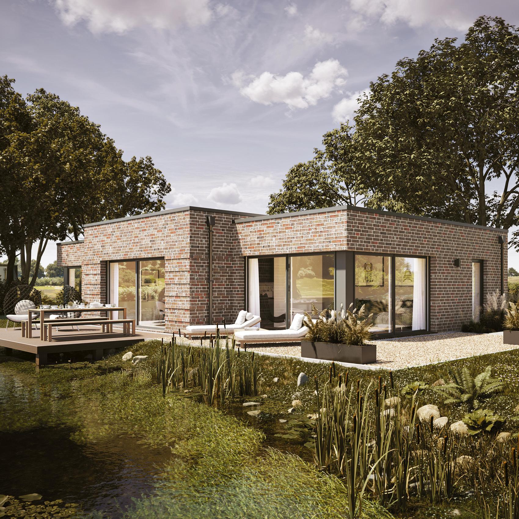 Lichtdurchfluteter Bungalow mit Flachdach und großem Schwimmteich im Garten.