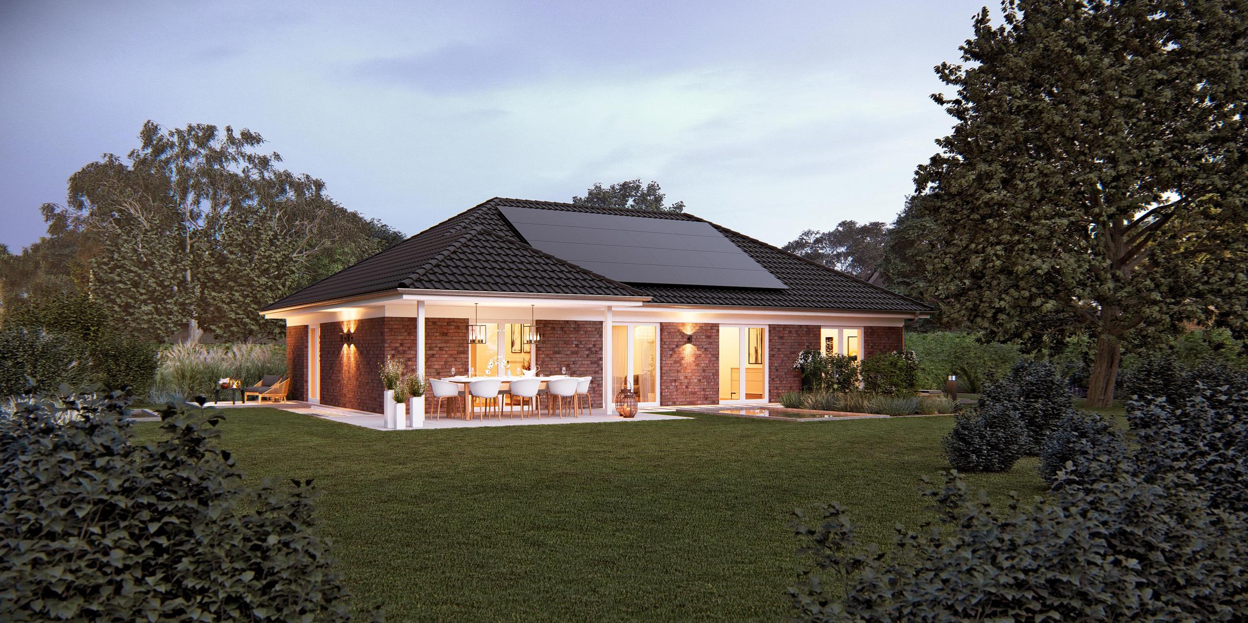 Rückansicht mit Terrasse und Terrassenüberdachung des Bungalows V7 B von Viebrockhaus