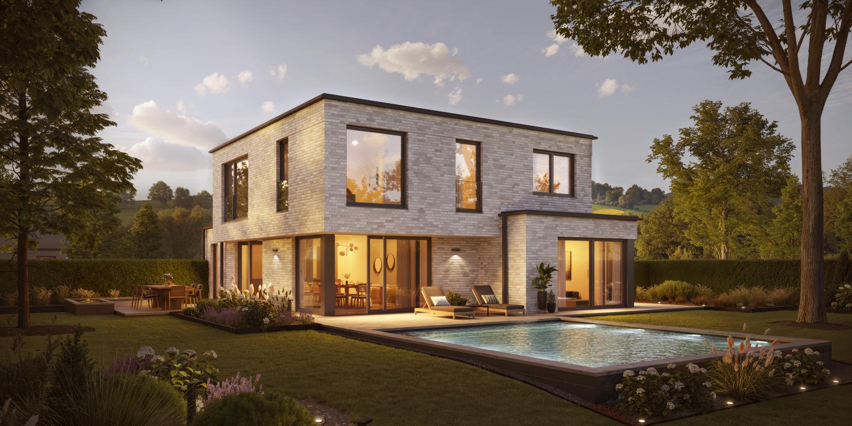 Gartenansicht einer Stadtvilla mit Verblendfassade von Viebrockhaus - Das Haus heißt Edition 900 II