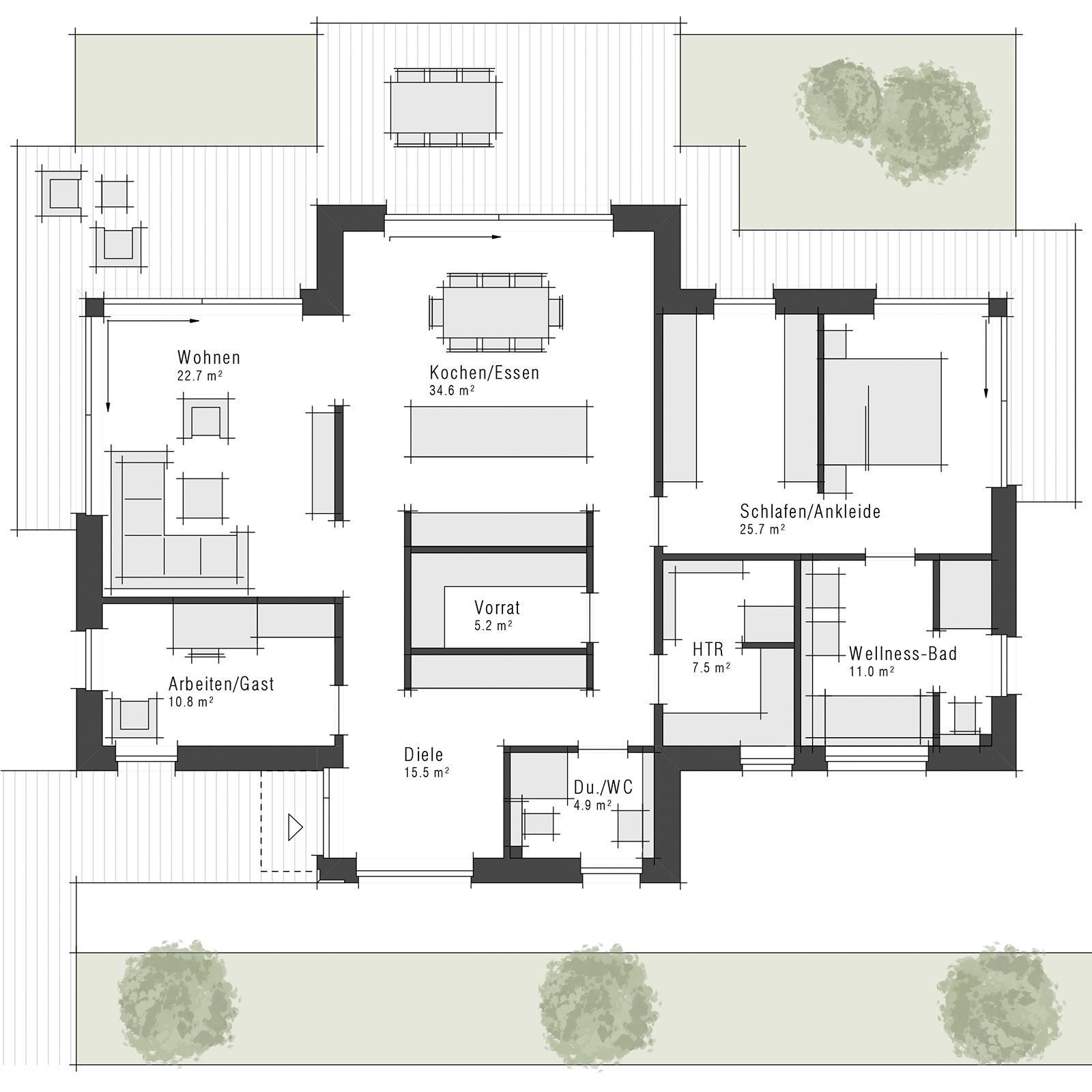 Grundriss des Erdgeschosses eines Bungalows Edition 300 b