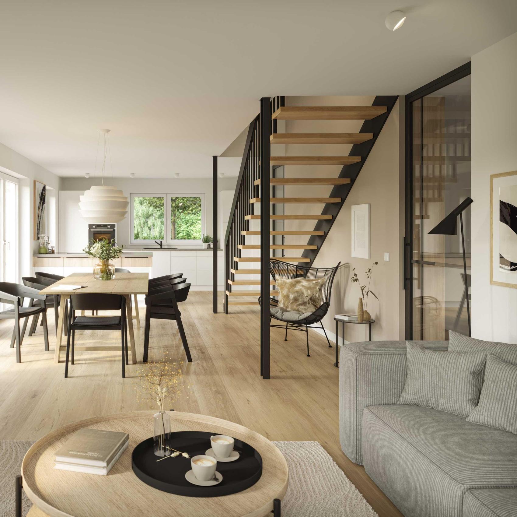 Blick in ein Esszimmer mit Treppe ins Obergeschoss