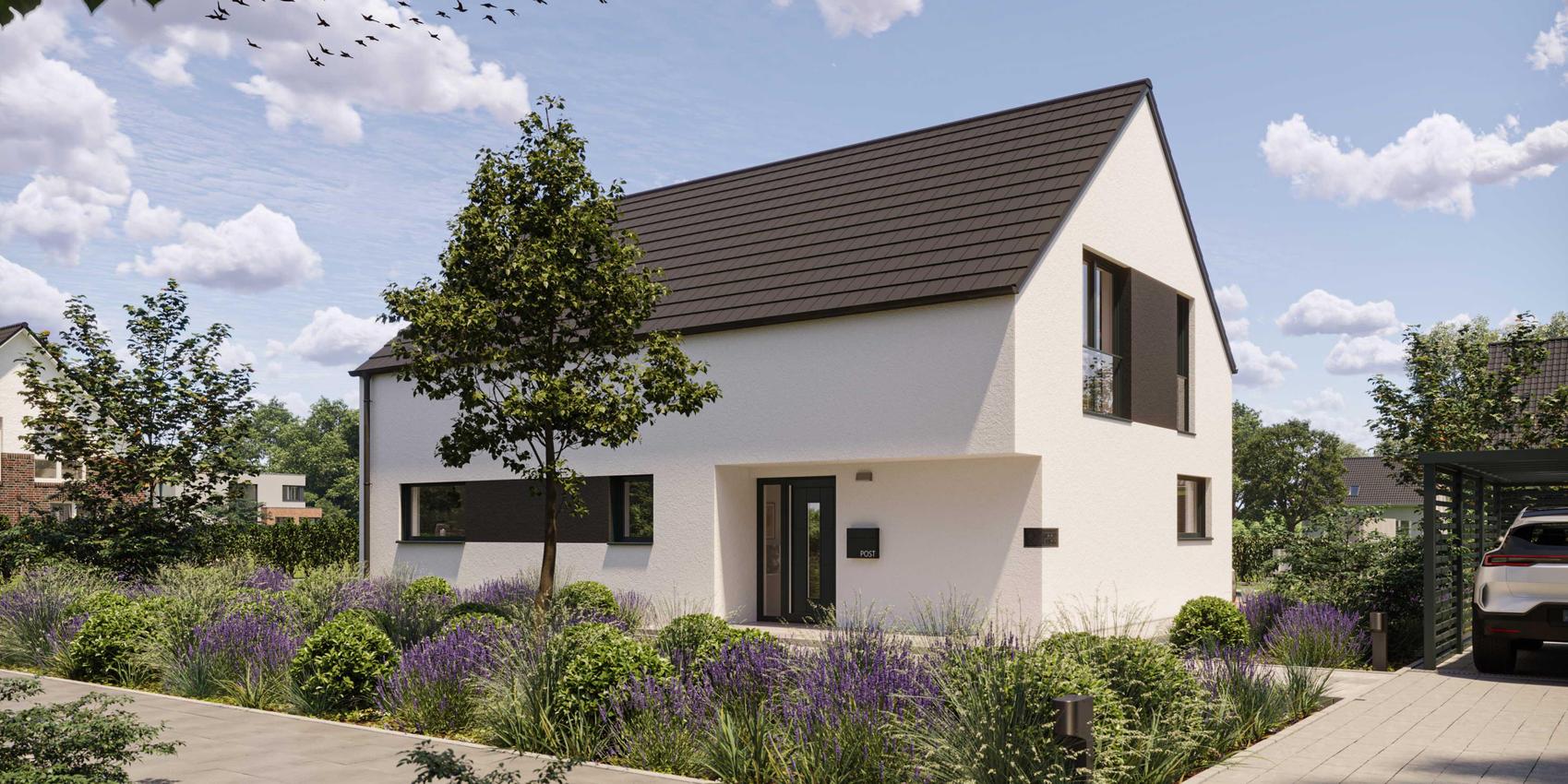 Seitenansicht Massivhaus Garten Einfahrt