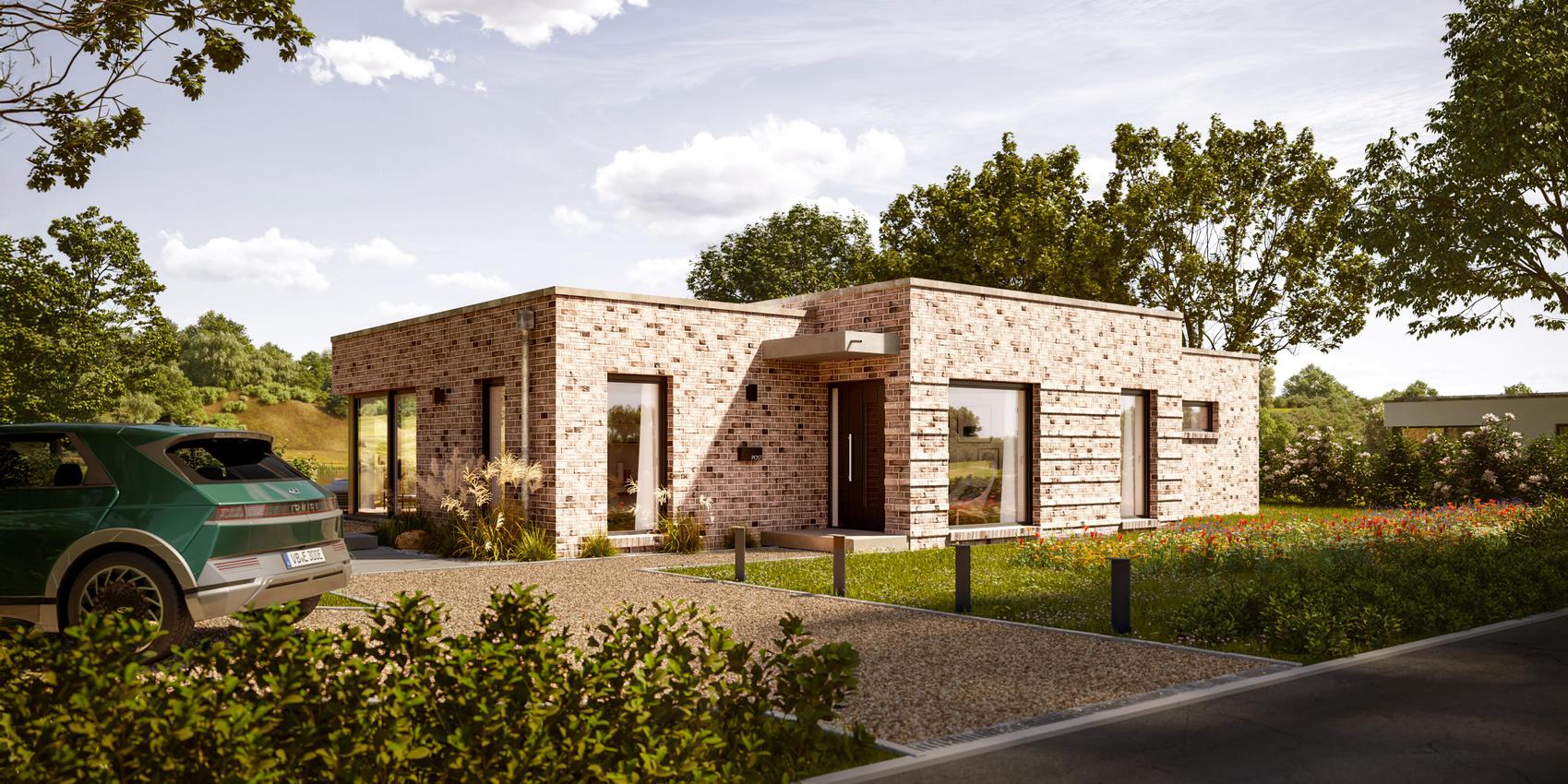 Ansicht von der Seite eines Flachdachbungalows mit einem See direkt vor der Terrasse. Es handelt sich um das Edition 300 B von Viebrockhaus