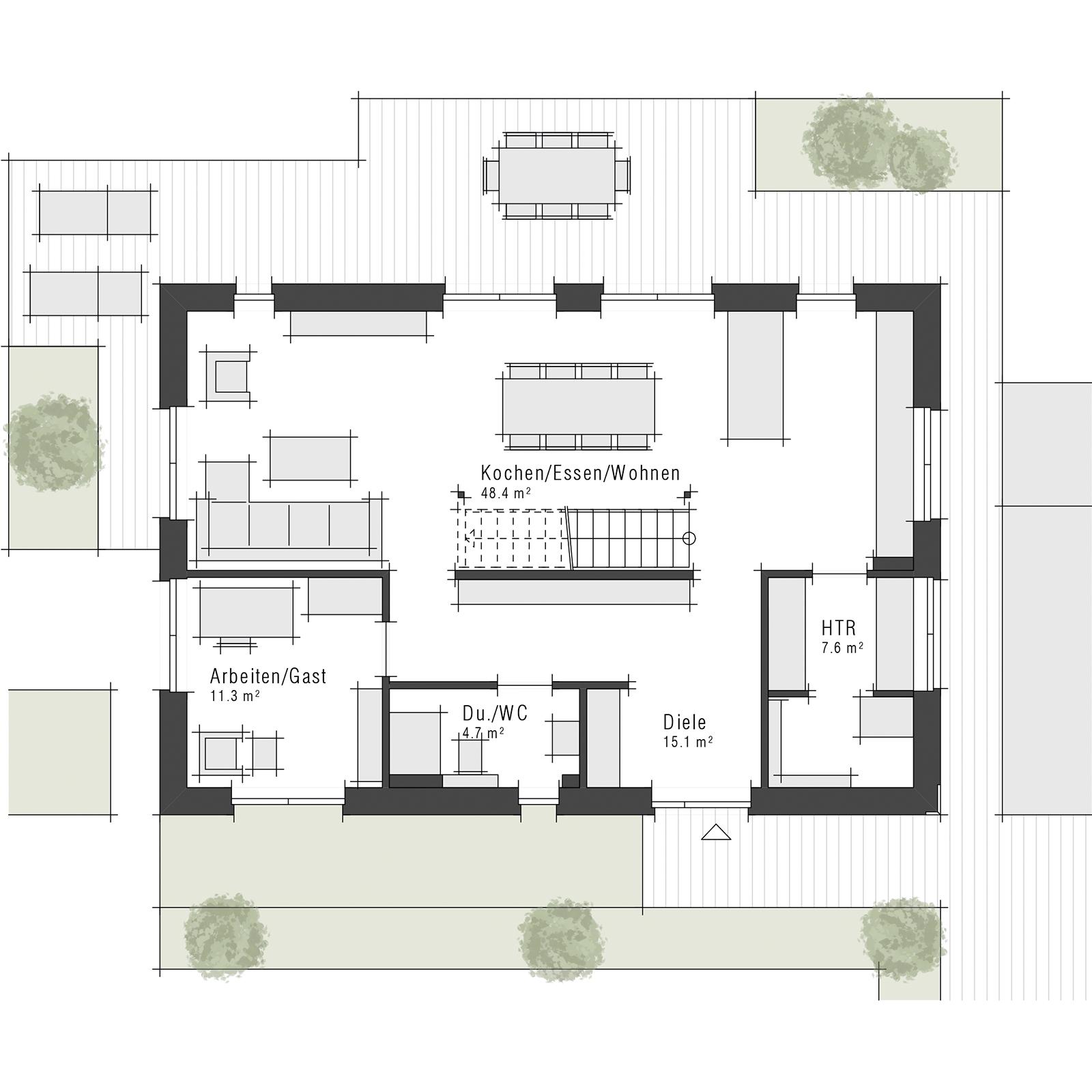 Grundriss Erdgeschoss eines Einfamilienhauses Maxime 380 im Stil "zeitlos" von Viebrockhaus