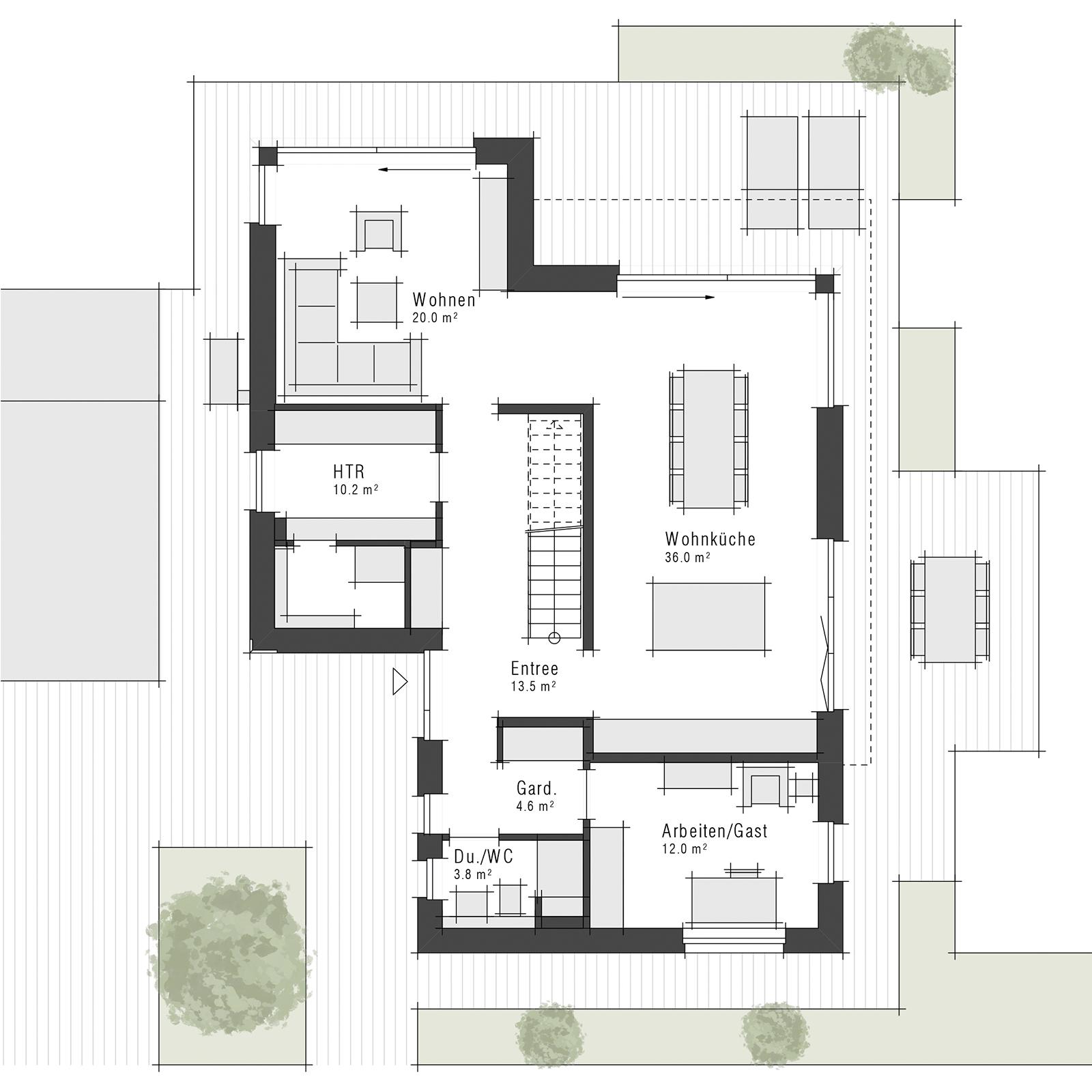 Grundriss des Erdgeschosses der Stadvilla Edition 900 II von Viebrockhaus