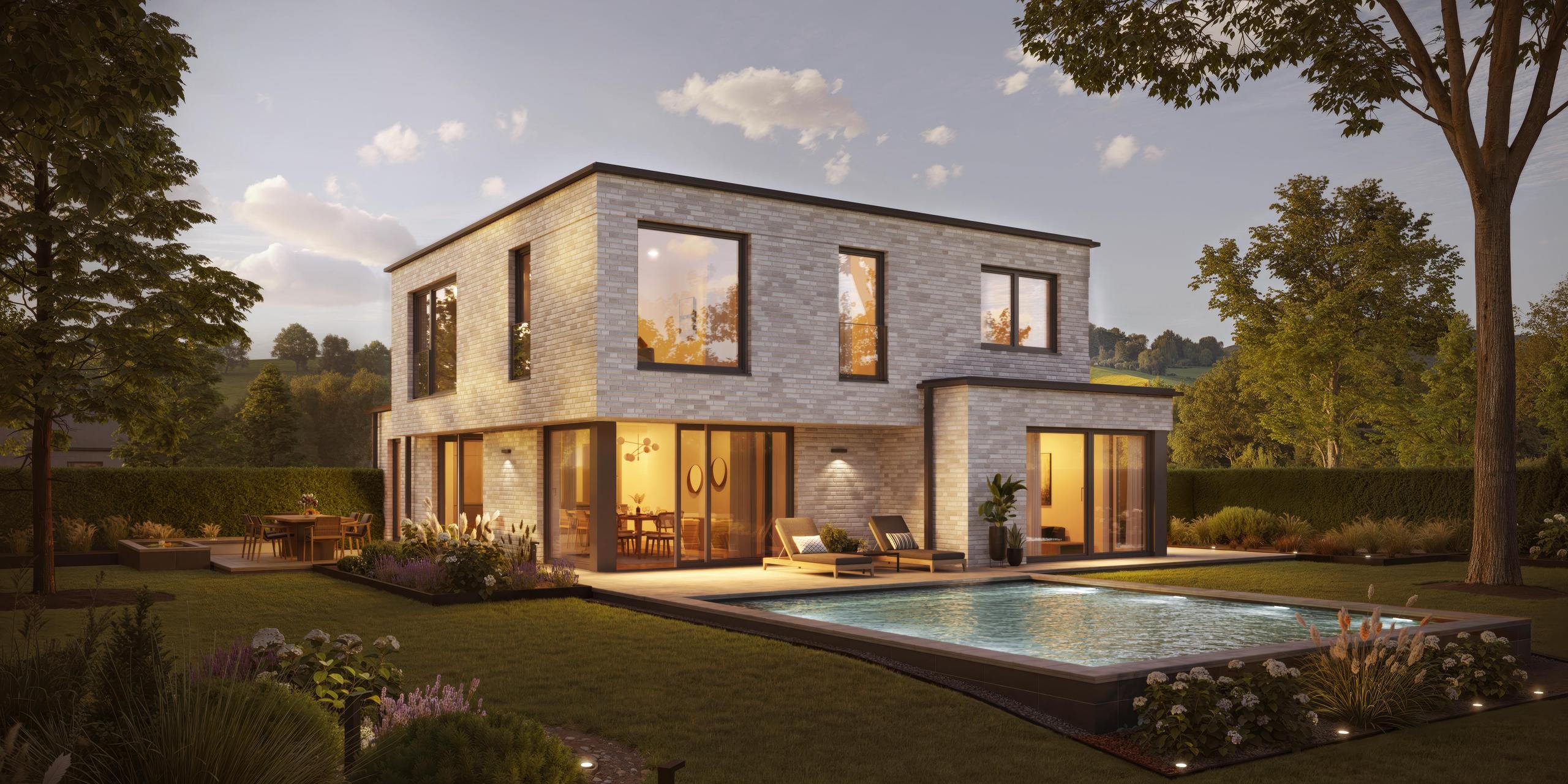 Gartenansicht einer Stadtvilla mit Verblendfassade von Viebrockhaus - Das Haus heißt Edition 900 II