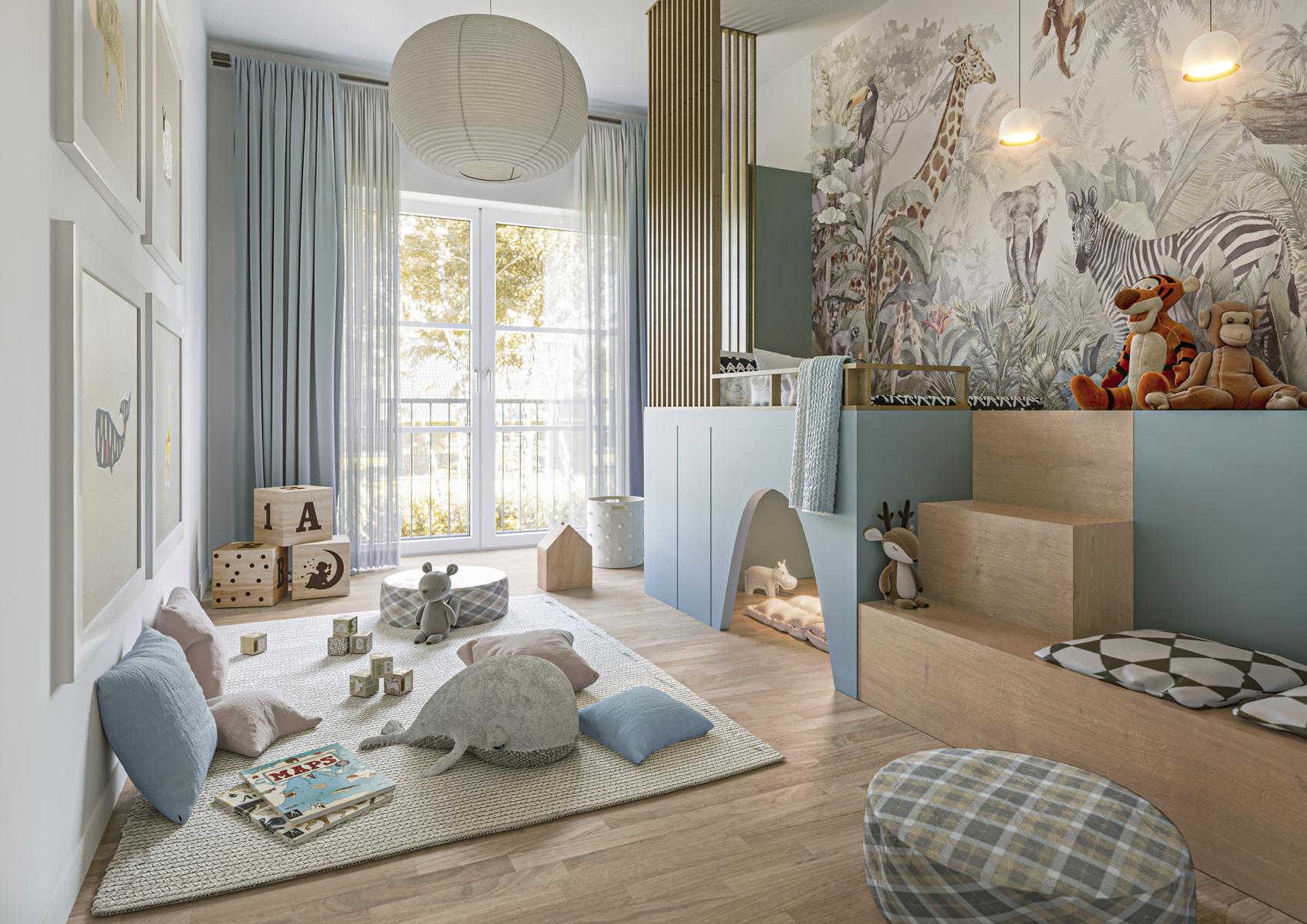 Blick in ein hell und freundlich gestaltetes Kinderzimmer mit Hochebene und Kuschelhöhle.