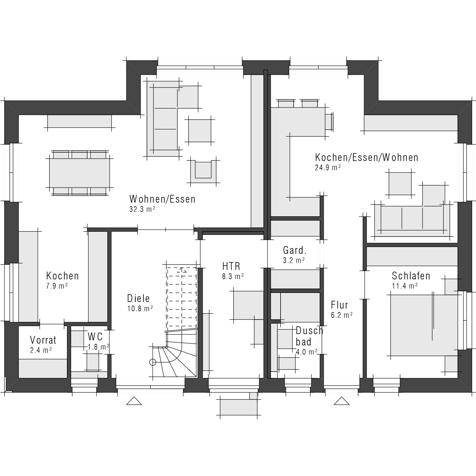 Grundriss Erdgeschoss Zweifamilienhaus Maxime 439 ELW von Viebrockhaus