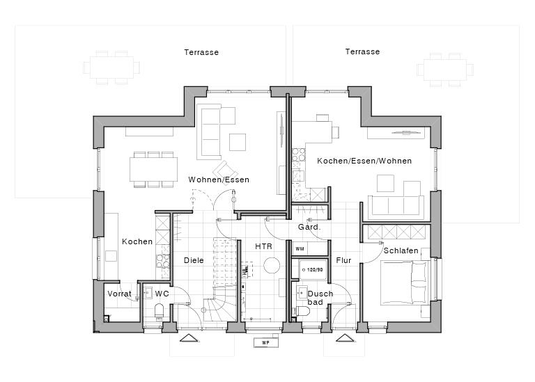 Grundriss Erdgeschoss Zweifamilienhaus Maxime 439 ELW von Viebrockhaus