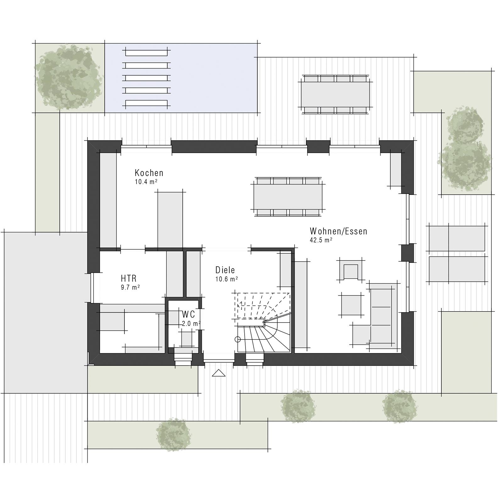 Grundriss des Erdgeschosses des V1 als Einfamilienhaus von Viebrockhaus