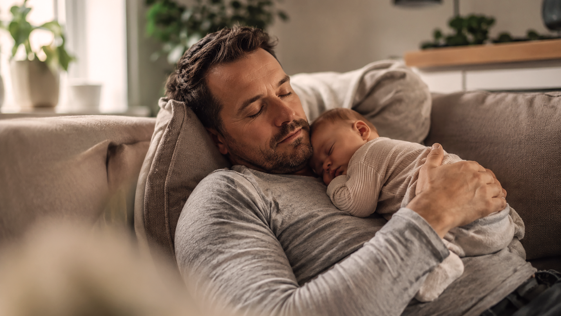Schlafender Vater mit Baby auf der Brust auf dem Sofa