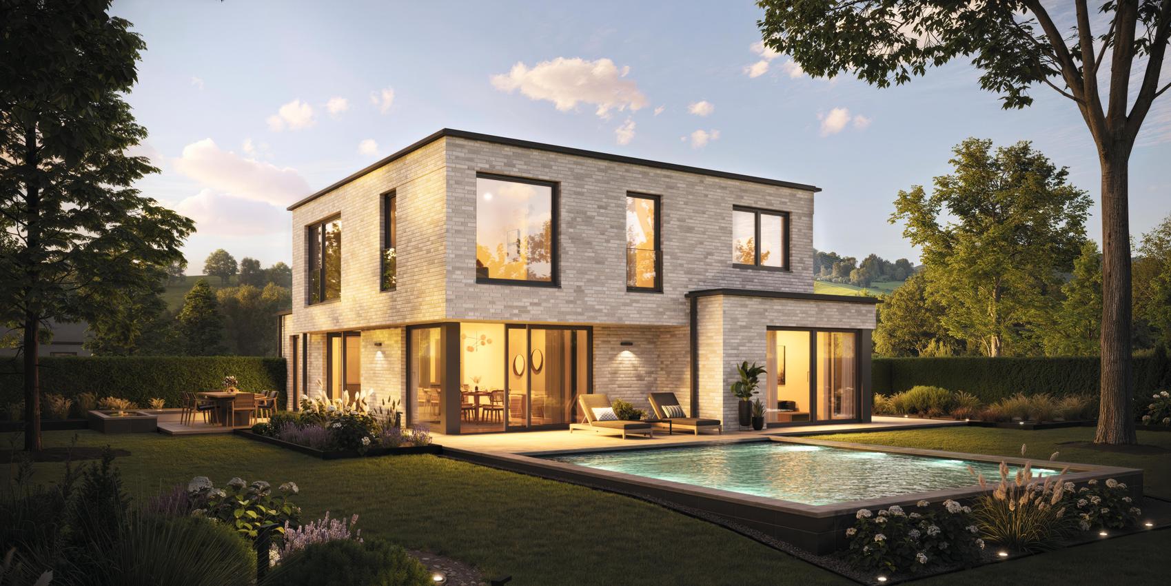 Gartenansicht einer Stadtvilla mit Verblendfassade von Viebrockhaus - Das Haus heißt Edition 900 II