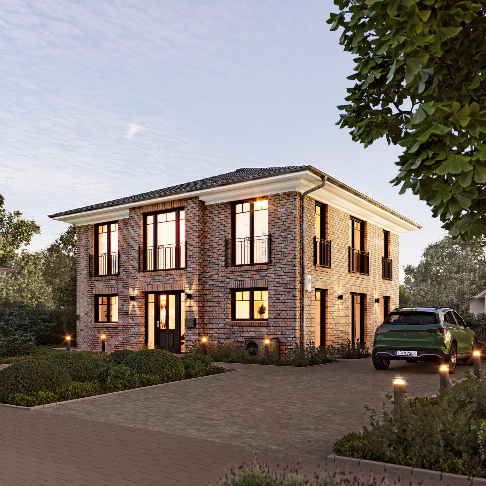 Moderne zweigeschossige Stadtvilla mit großen Fenstern. 