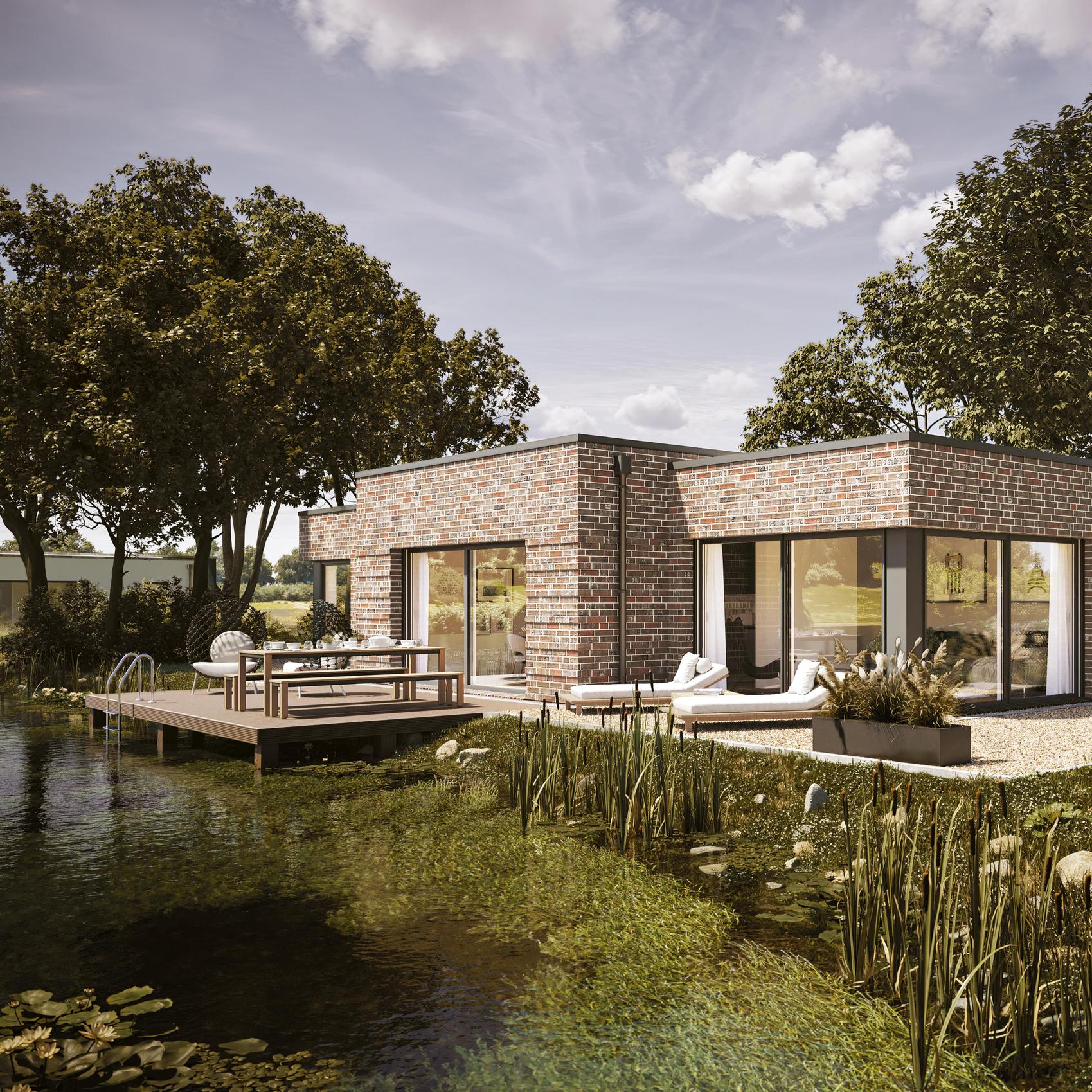 Bungalow von Viebrockhaus mit Schwimmteich und Klinkerfassade