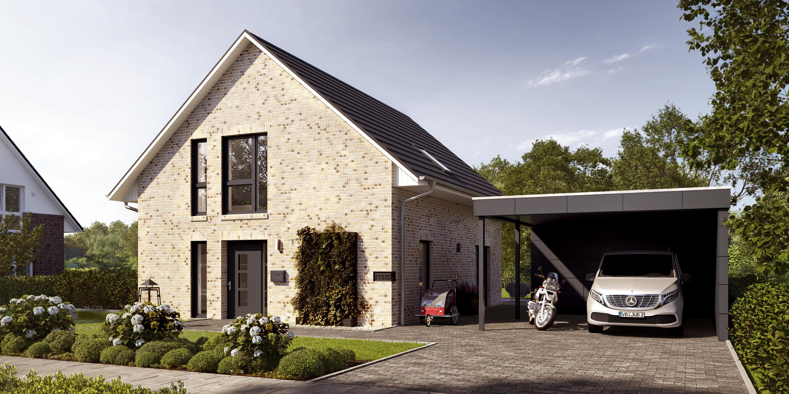 Frontansicht eines Einfamilienhauses mit Carport und Eingangstür. Es handelt sich um das V6 von Viebrockhaus