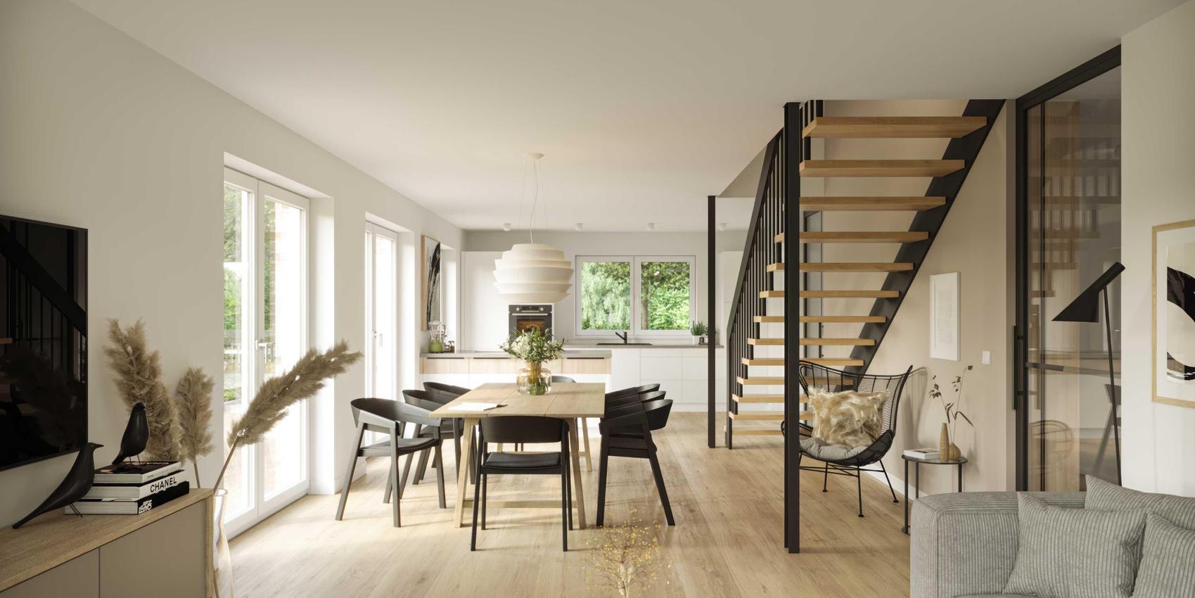 Blick in ein helles Esszimmer mit filigraner Treppe