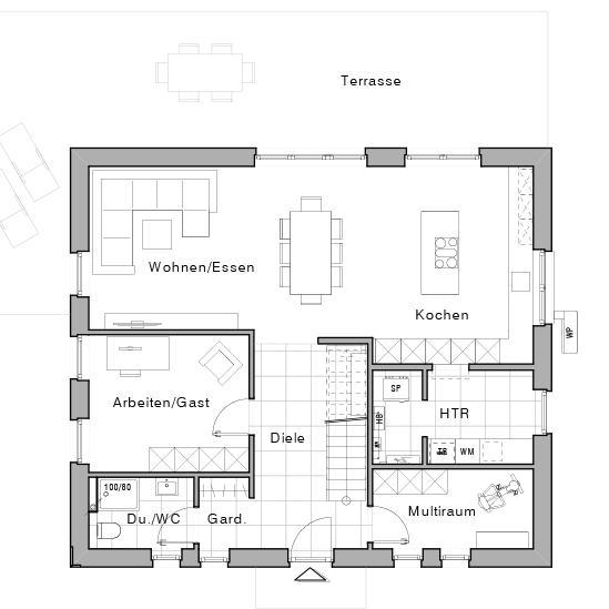 Grundriss des Erdgeschosses des Einfamilienhauses Maxime 700 von Viebrockhaus
