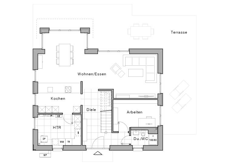 Grundriss Erdgeschoss eines Einfamilienhauses Maxime 450 von Viebrockhaus