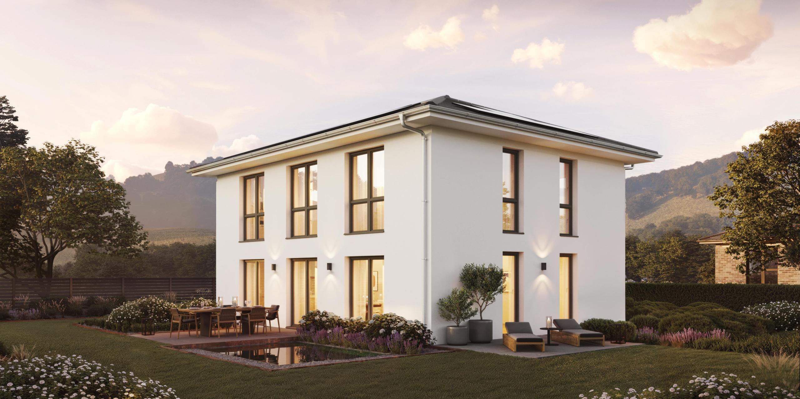 Seitenansicht einer Stadtvilla mit Putzfassade von Viebrockhaus - Das Haus heißt V9 II