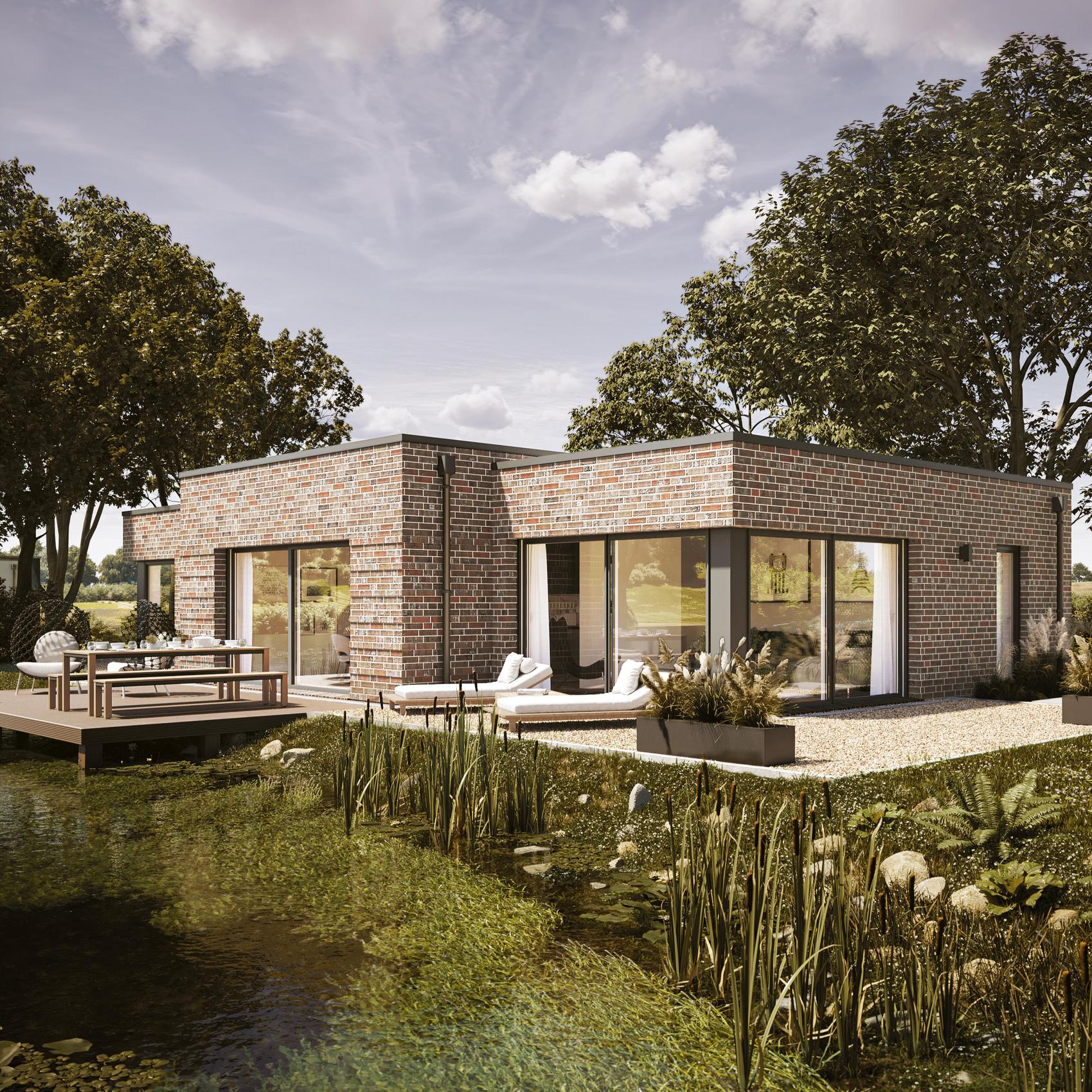 Lichtdurchfluteter Bungalow mit Flachdach und großem Schwimmteich im Garten.