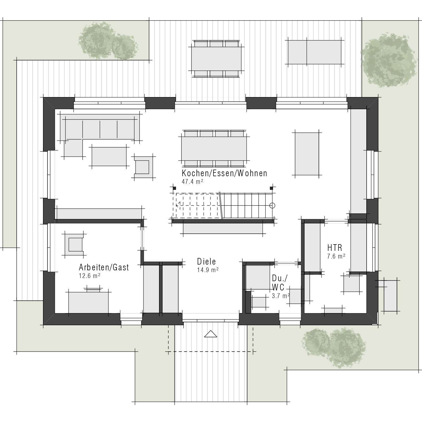 Grundriss Erdgeschoss eines Einfamilienhauses Maxime 380 im Stil "klassisch" von Viebrockhaus
