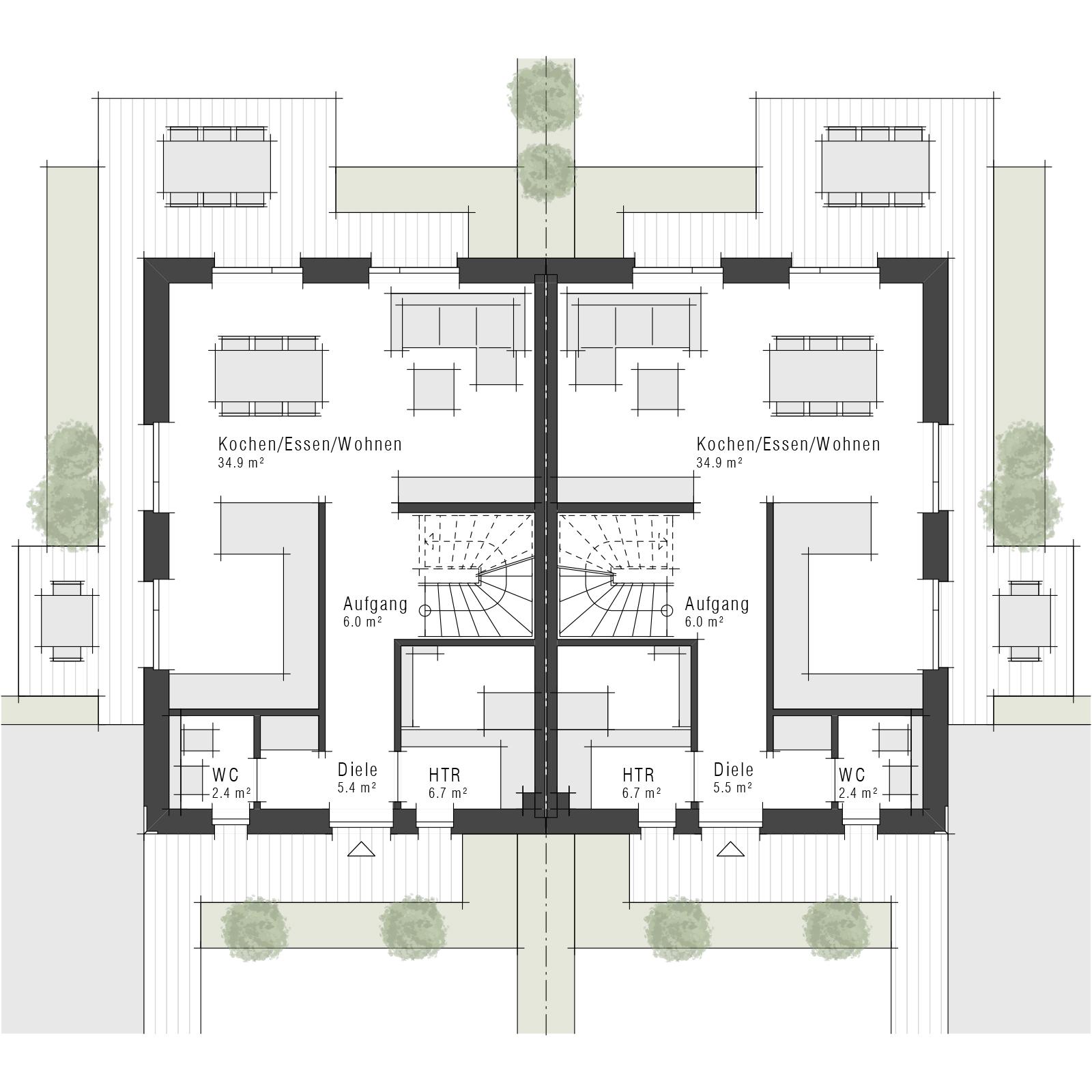 Grundriss des Doppelhauses V4 D von Viebrockhaus - Erdgeschoss