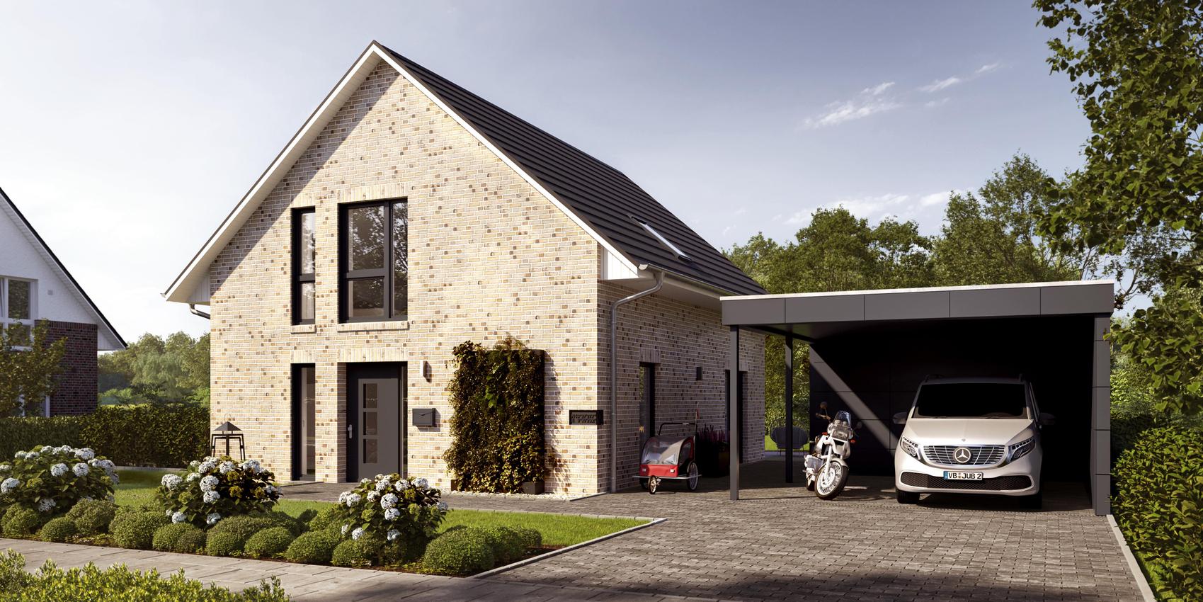 Frontansicht eines Einfamilienhauses mit Carport und Eingangstür. Es handelt sich um das V6 von Viebrockhaus