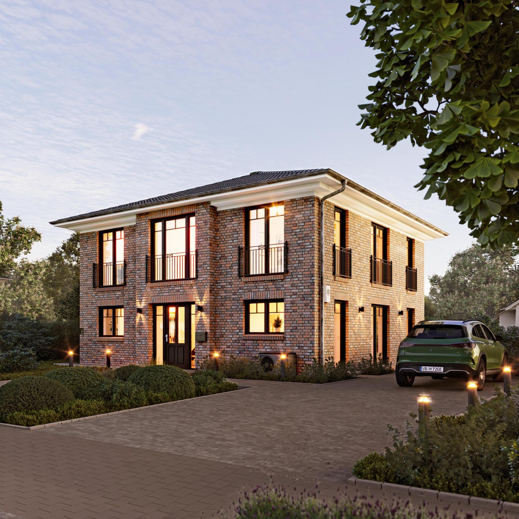 Moderne zweigeschossige Stadtvilla mit großen Fenstern. 