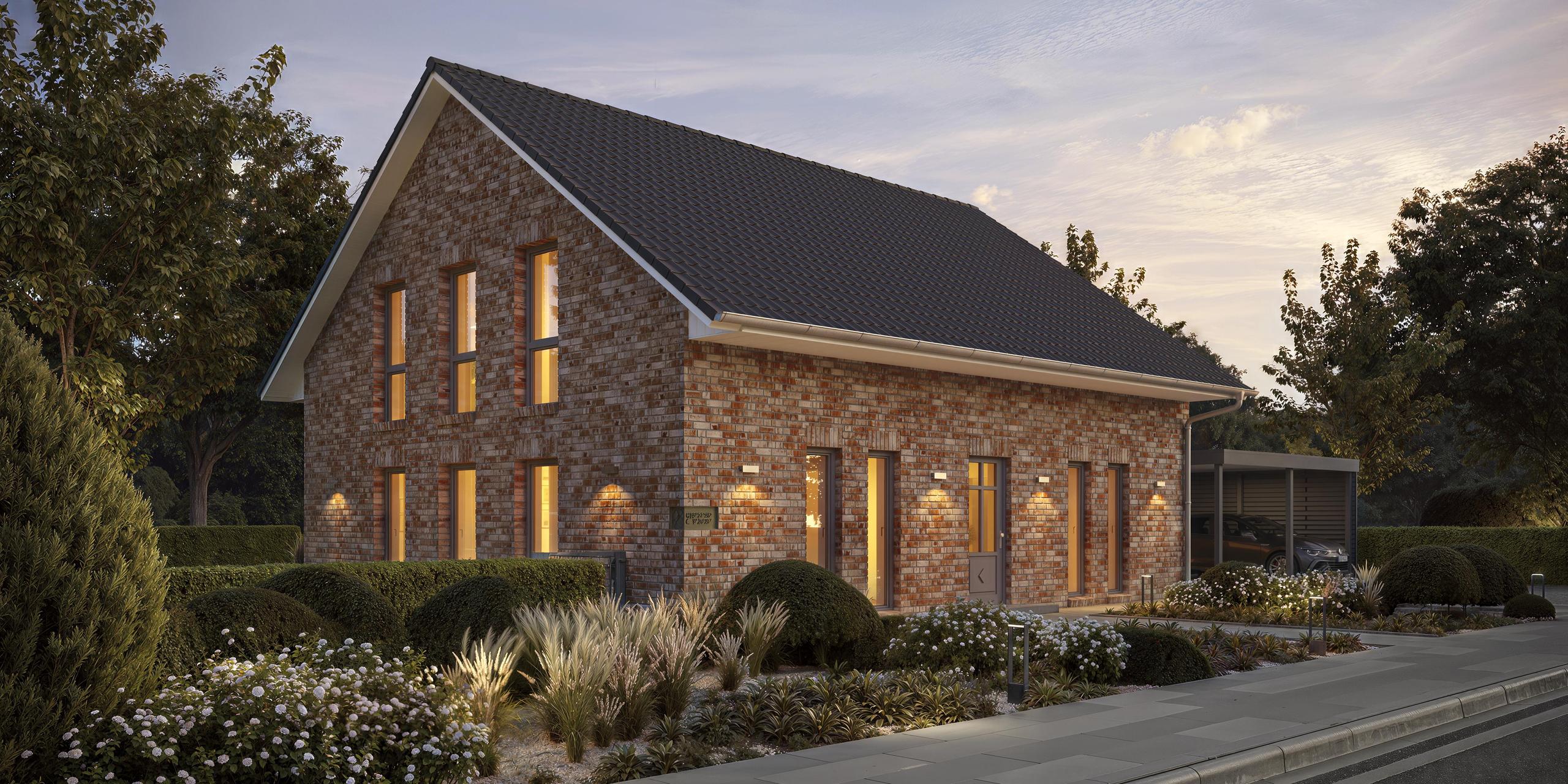 Giebel- und Seitenansicht eines Einfamilienhauses mit Klinkerstein von Viebrockhaus - Das Haus heißt Maxime 700