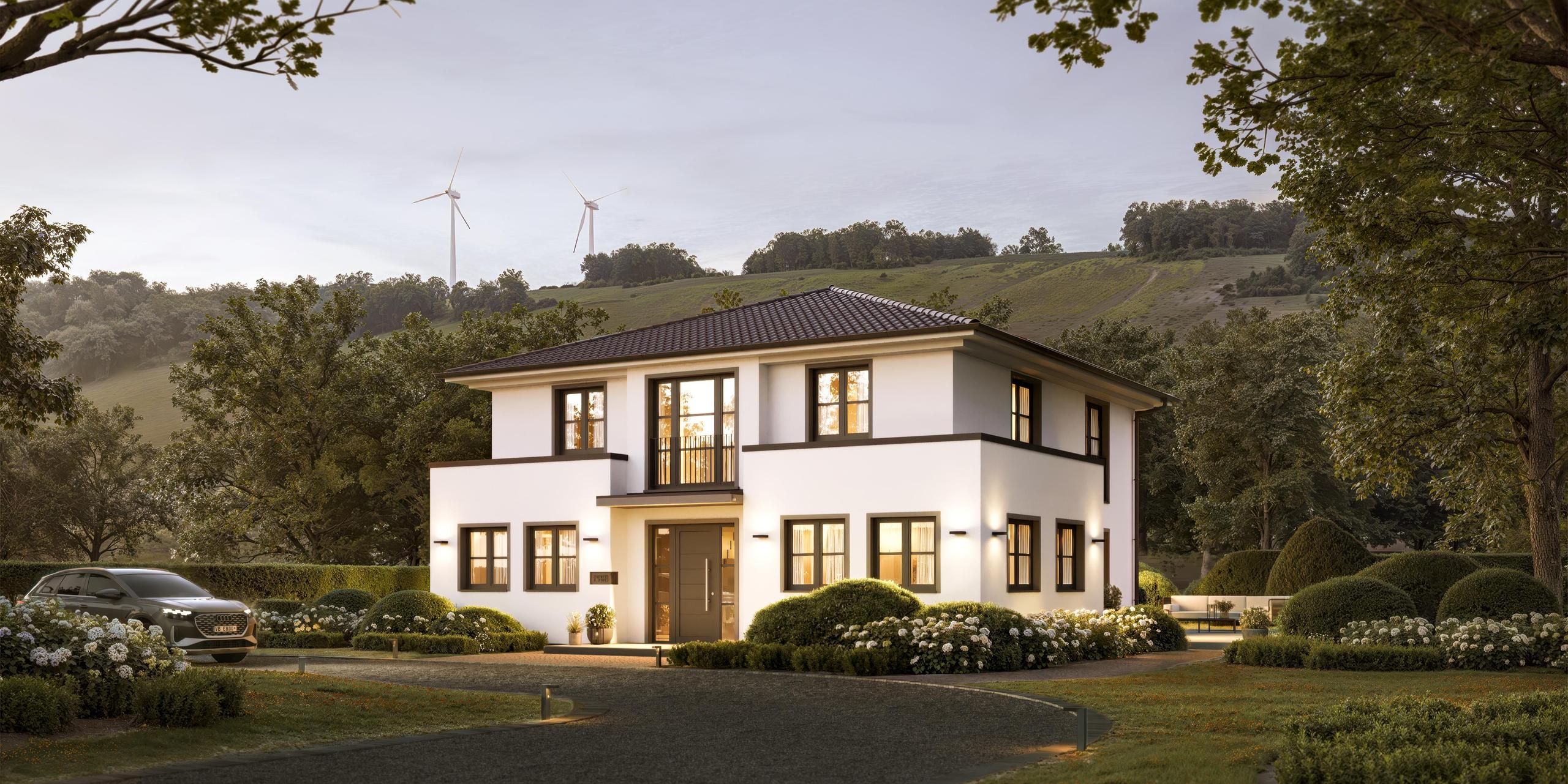 Frontansicht einer Stadtvilla mit Putzfassade von Viebrockhaus - Das Haus heißt Edition 800 II