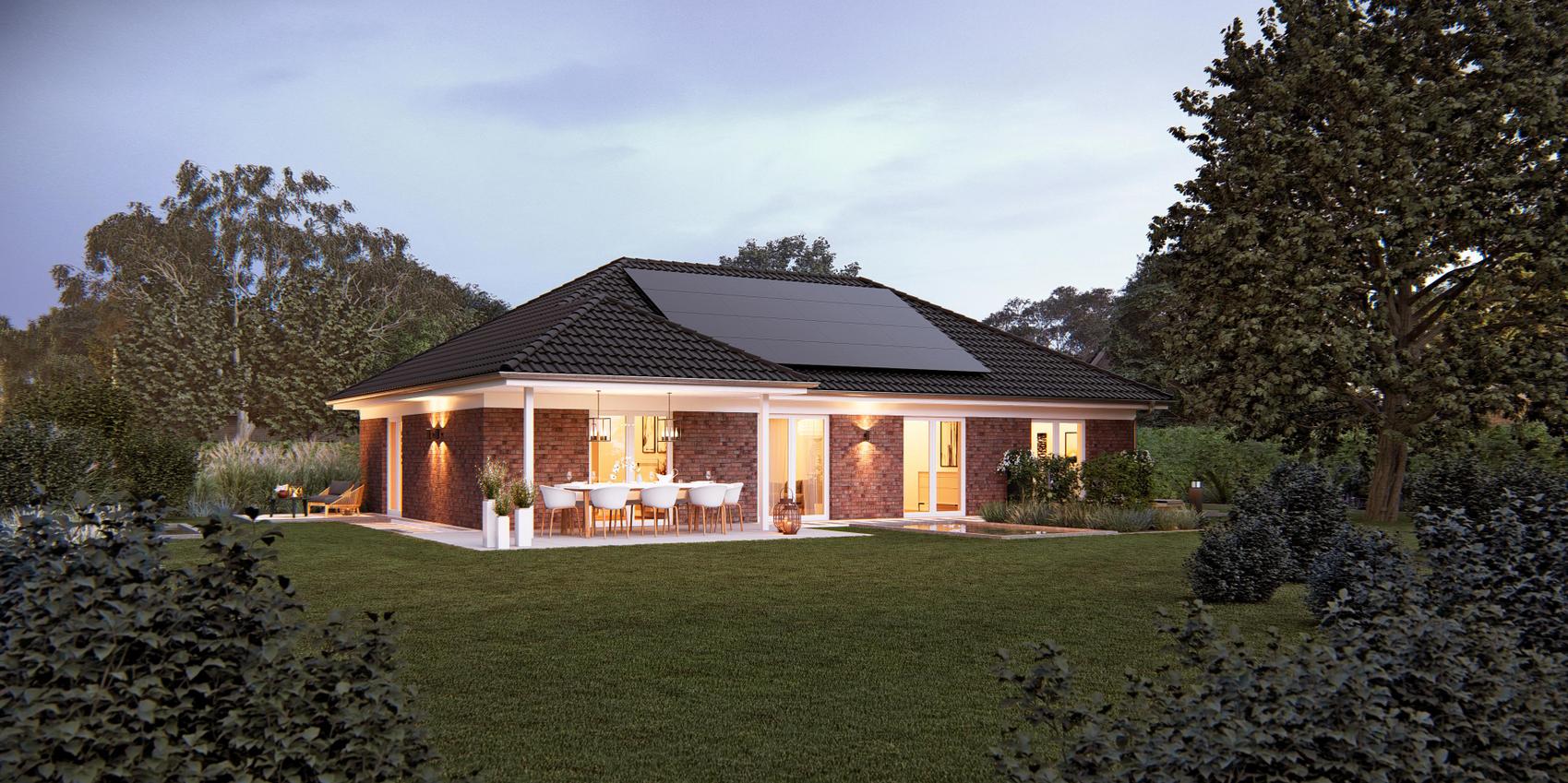 Rückansicht mit Terrasse und Terrassenüberdachung des Bungalows V7 B von Viebrockhaus