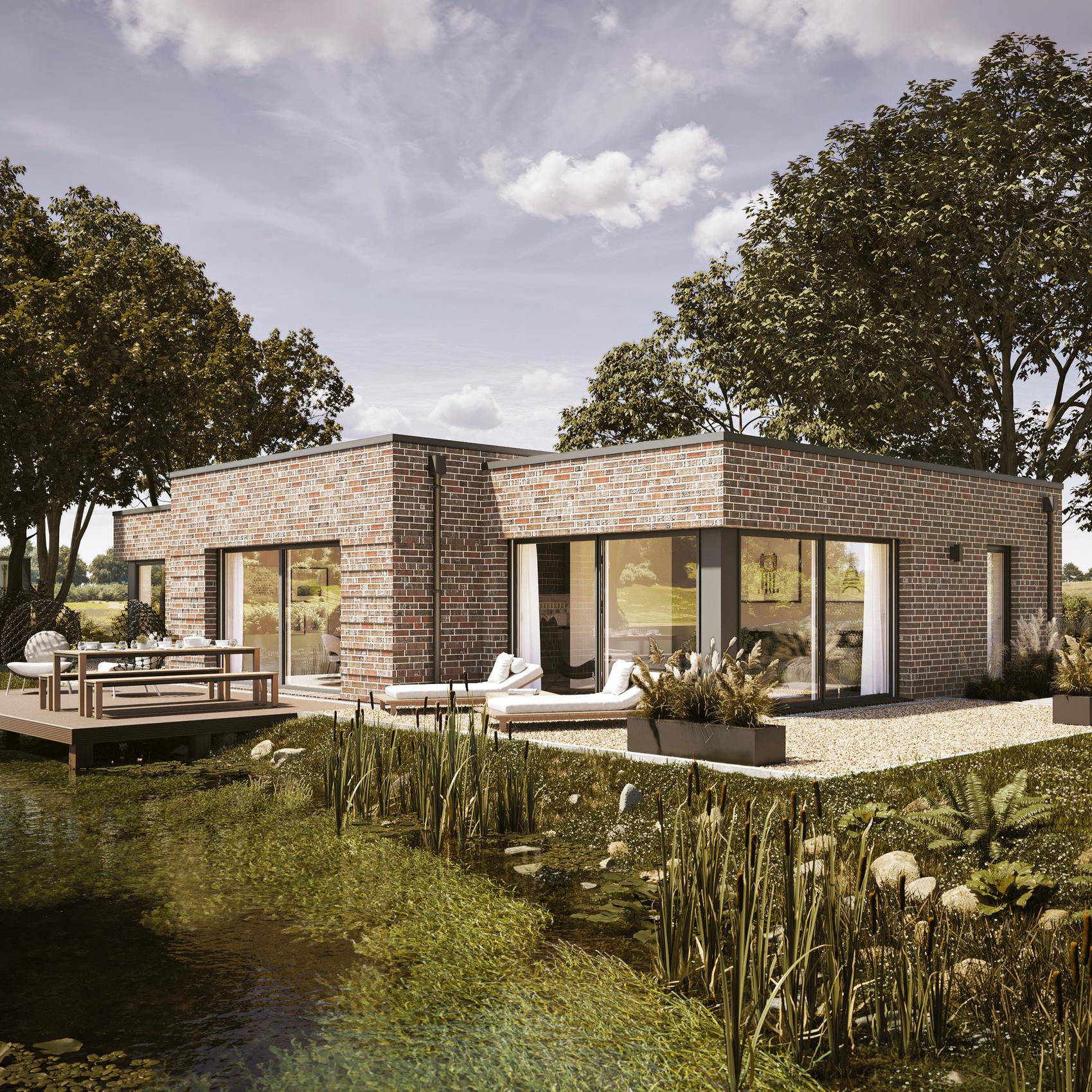 Lichtdurchfluteter Bungalow mit Flachdach und großem Schwimmteich im Garten.