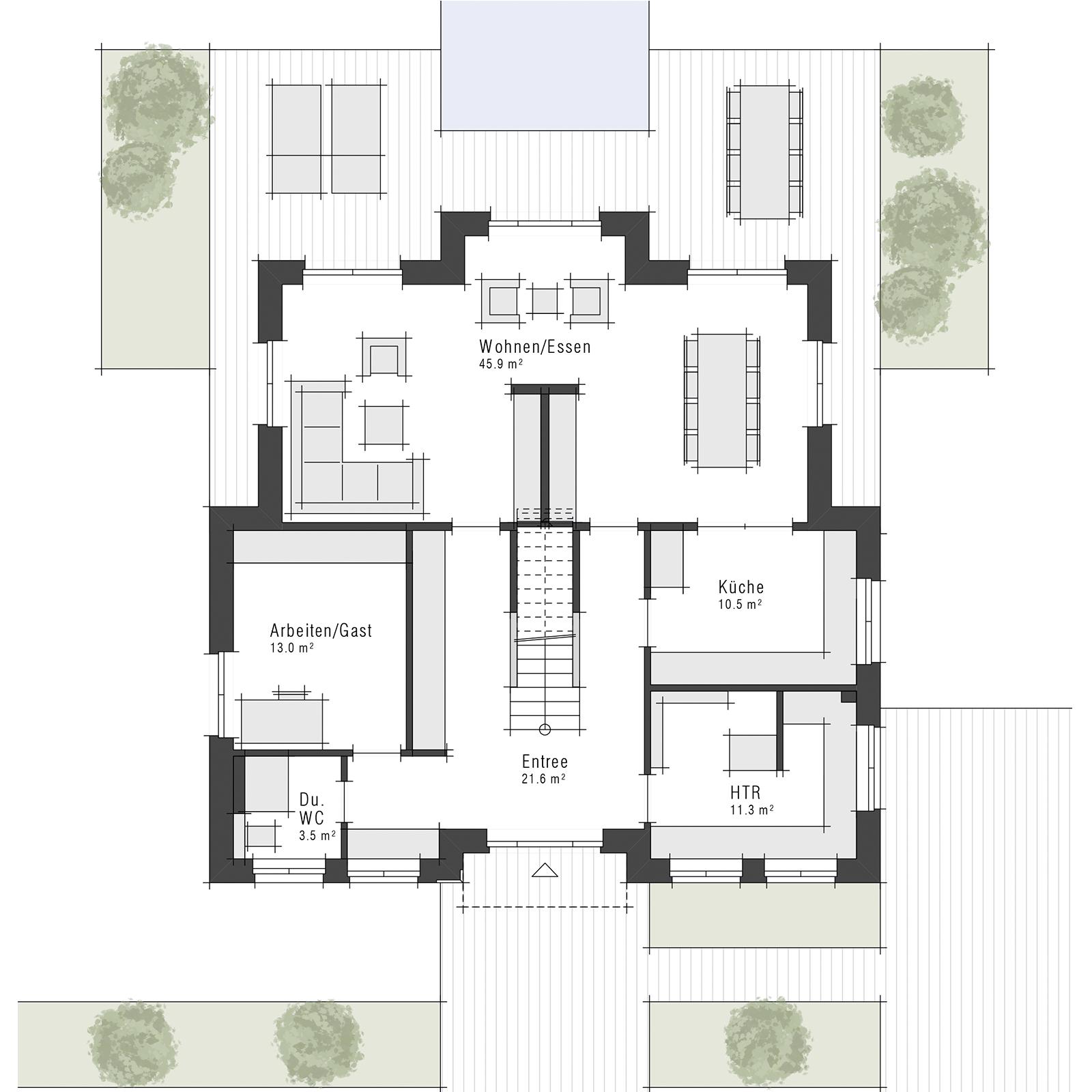 Grundriss des Erdgeschosses der Stadvilla Edition 800 II von Viebrockhaus