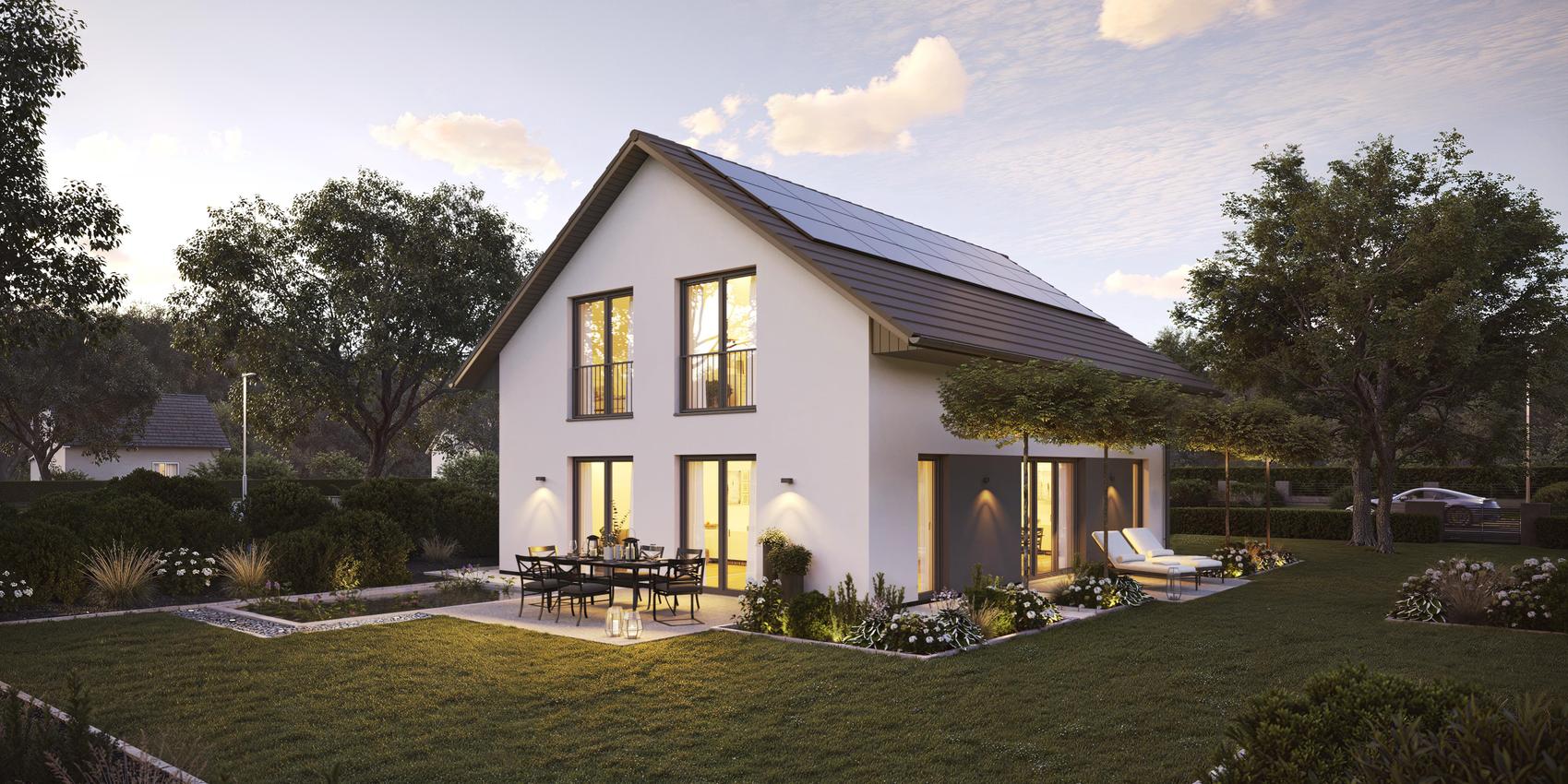 Modernes Einfamilienhaus mit Garten, weißem Putz und dunklen Fensterrahmen