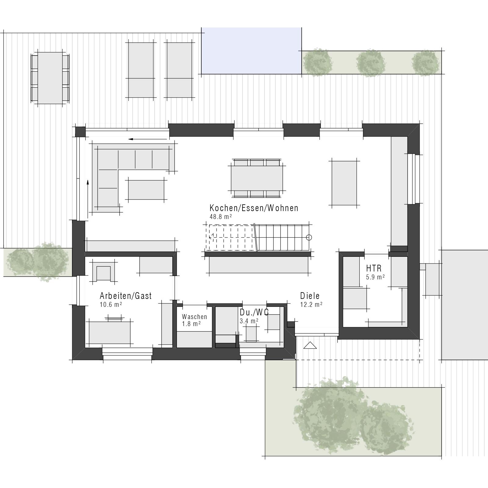 Grundriss Erdgeschoss eines Einfamilienhauses Maxime 380 im Stil "modern" von Viebrockhaus