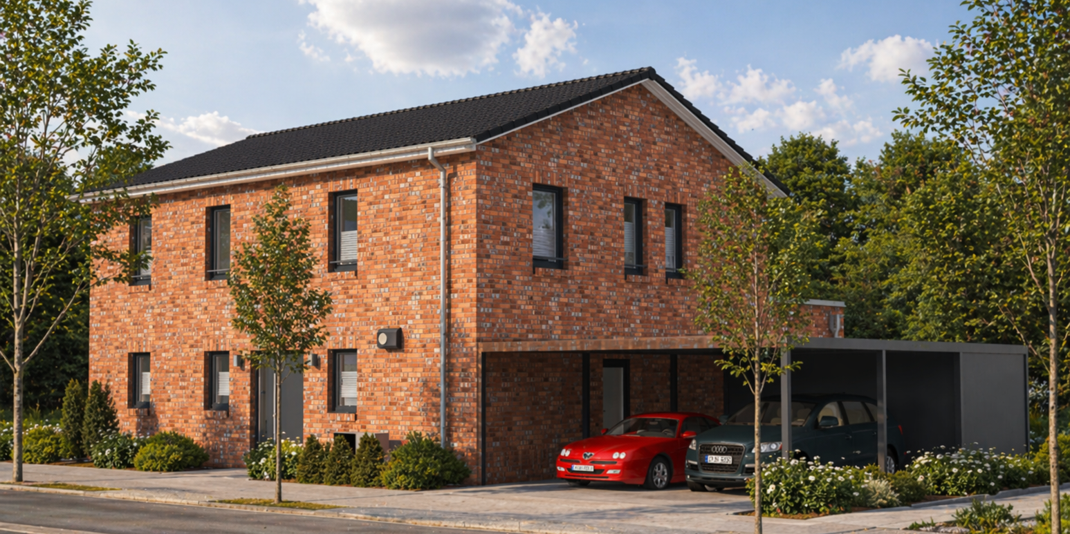 Einfamilienhaus mit Klinkerfassade, Seitenansicht, Carport