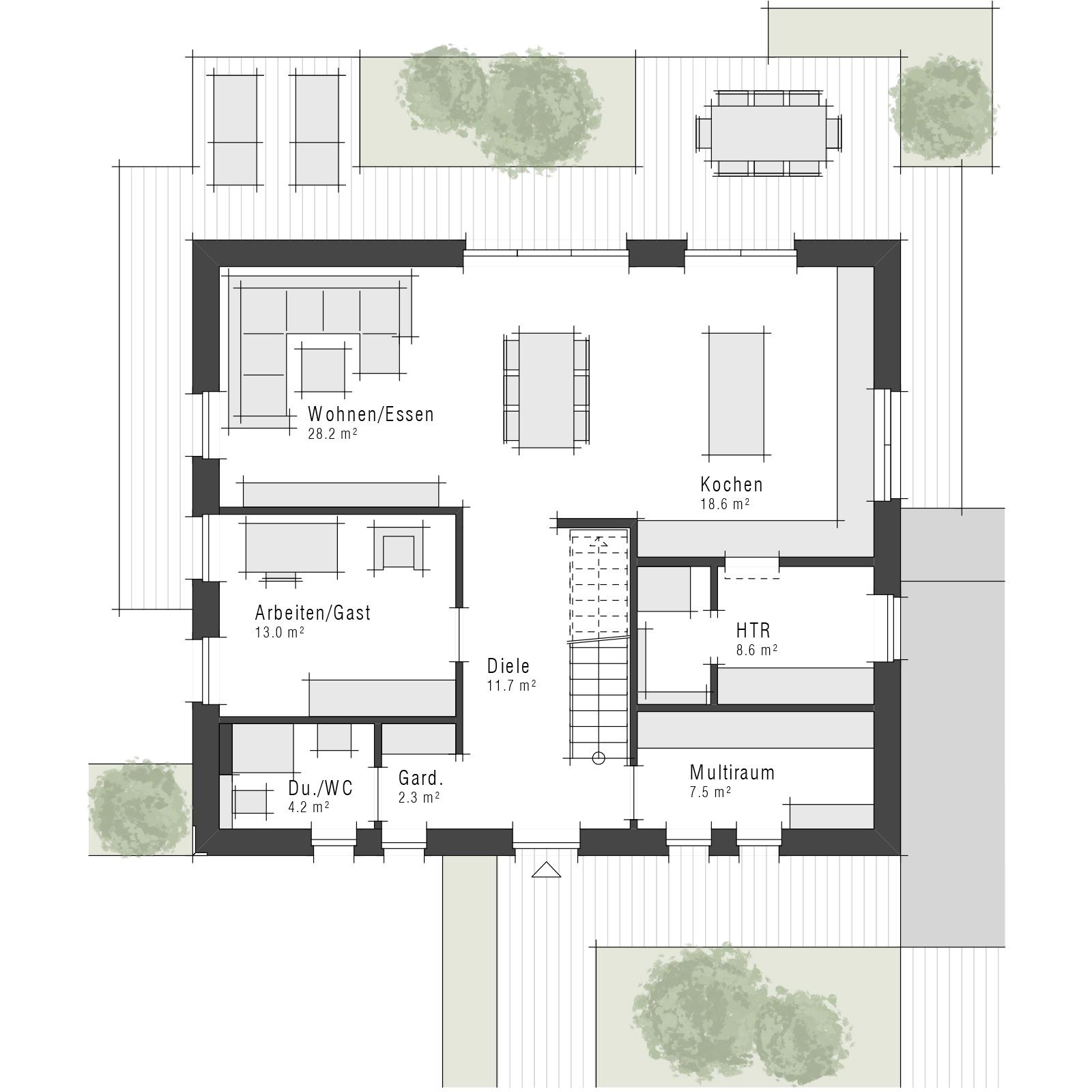 Grundriss des Erdgeschosses des Einfamilienhauses Maxime 700 von Viebrockhaus