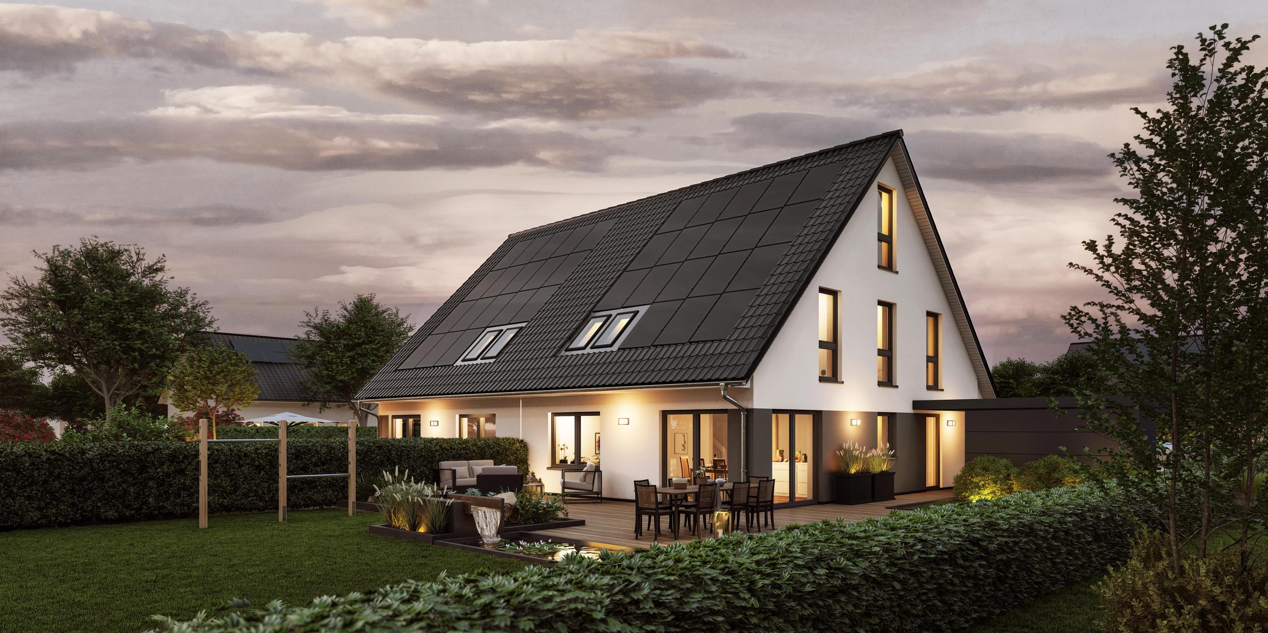 Doppelhaus weiß-verputzt mit grauen Aktzenten und einer großen Terrasse - V12 D