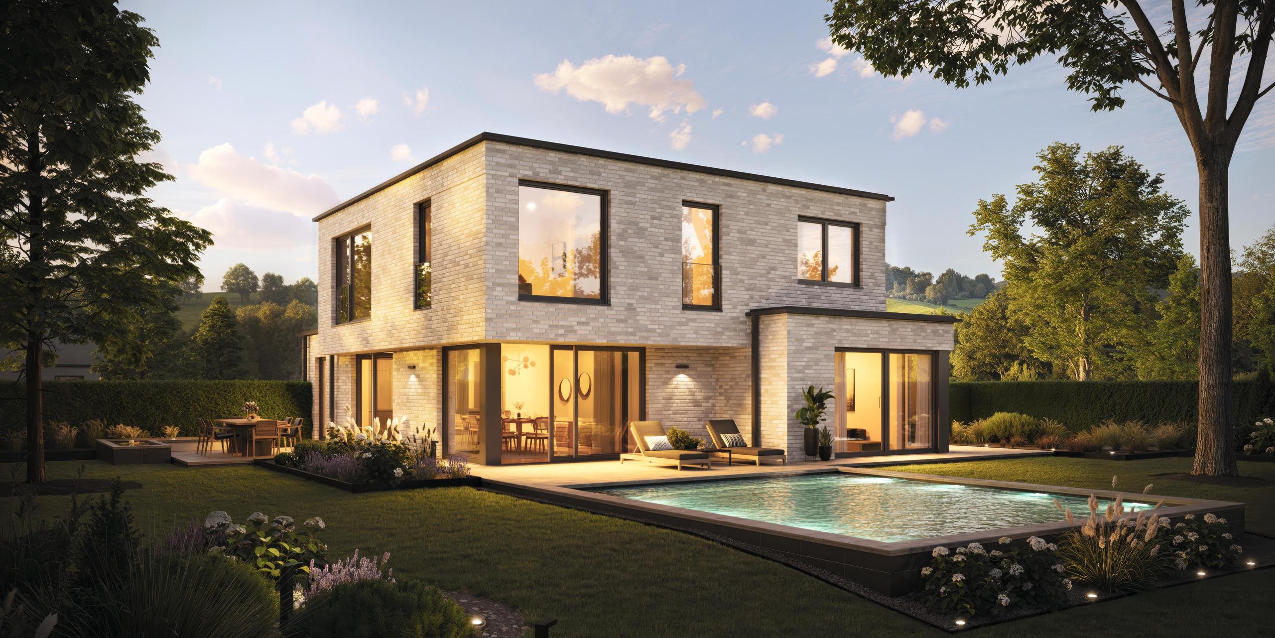 Gartenansicht einer Stadtvilla mit Verblendfassade von Viebrockhaus - Das Haus heißt Edition 900 II