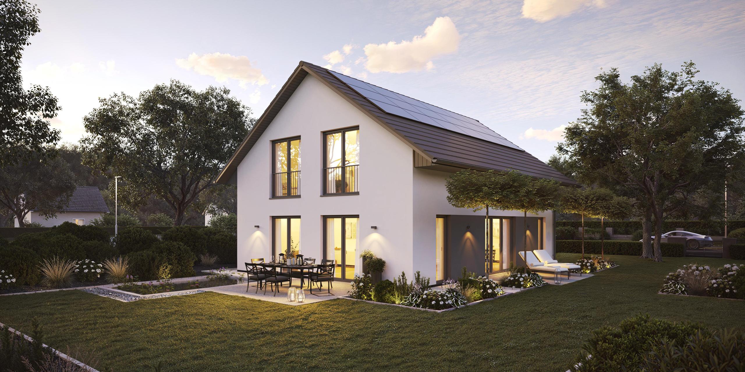 Rückansicht des Maxime 300 - ein Einfamilienhaus weiß verputzt mit einer umlaufenden Terrasse von Viebrockhaus