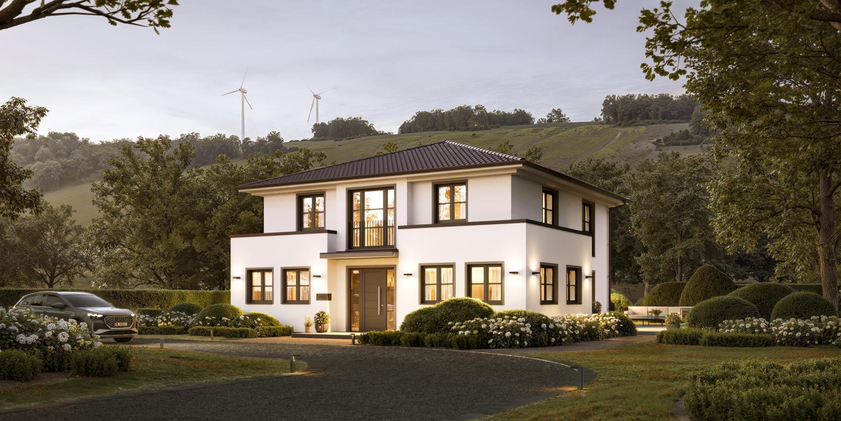 Frontansicht einer Stadtvilla mit Putzfassade von Viebrockhaus - Das Haus heißt Edition 800 II