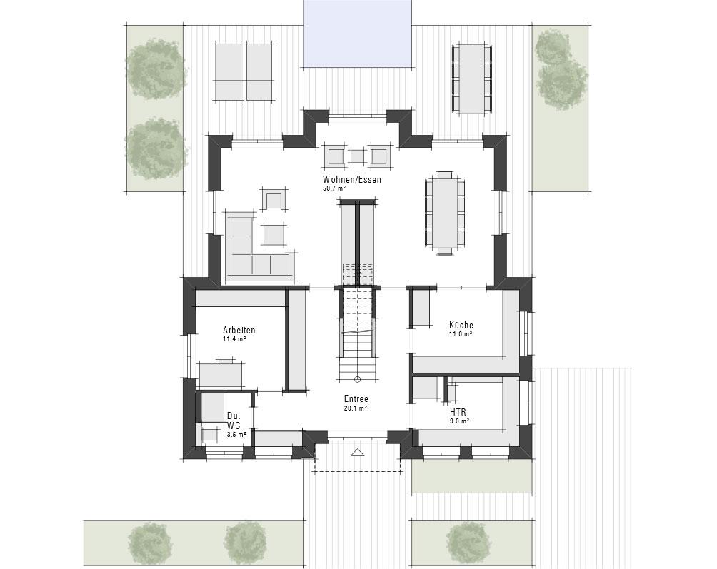 Grundriss des Erdgeschosses der Stadvilla Edition 800 II von Viebrockhaus