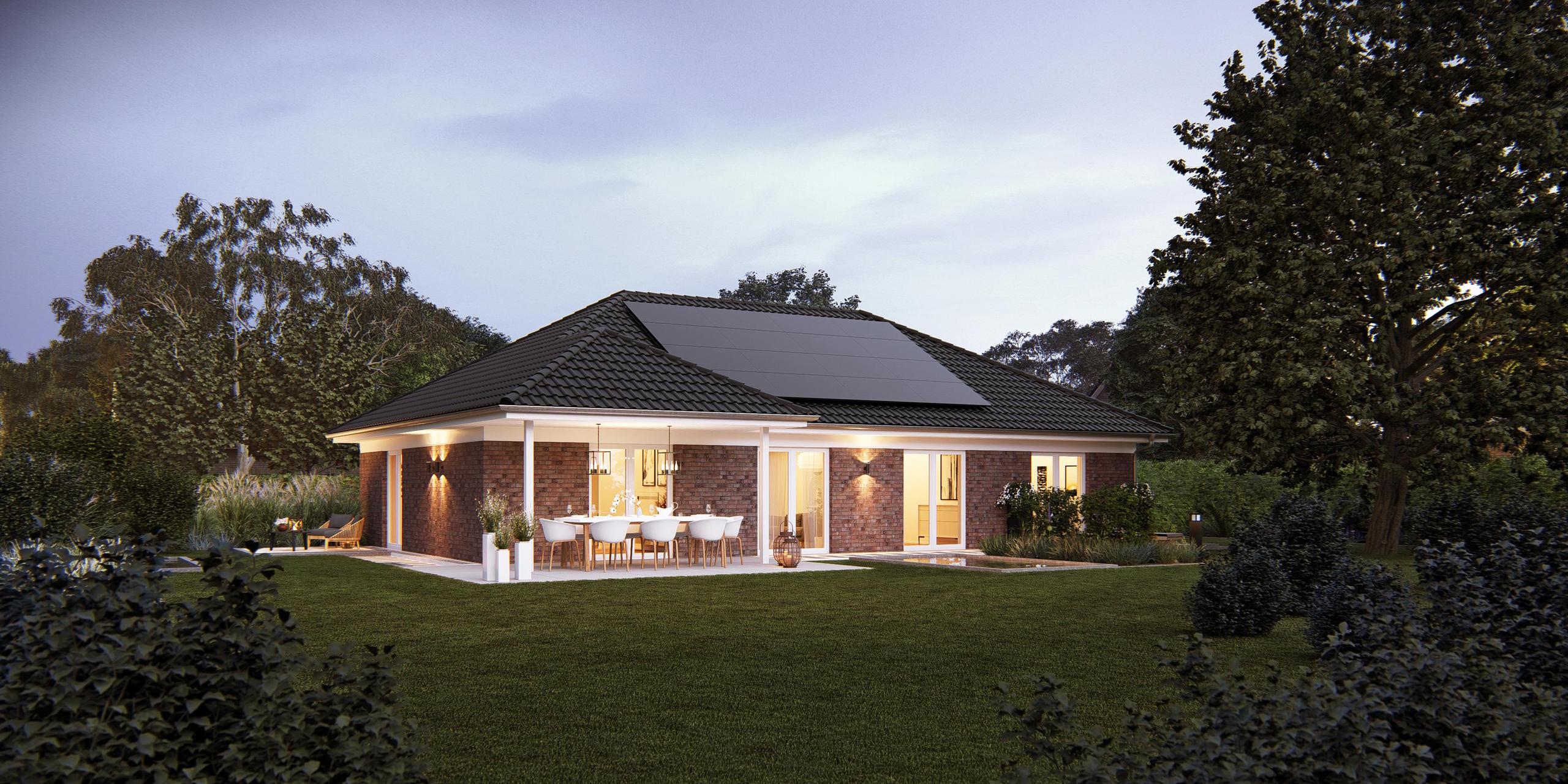 Rückansicht mit Terrasse und Terrassenüberdachung des Bungalows V7 B von Viebrockhaus