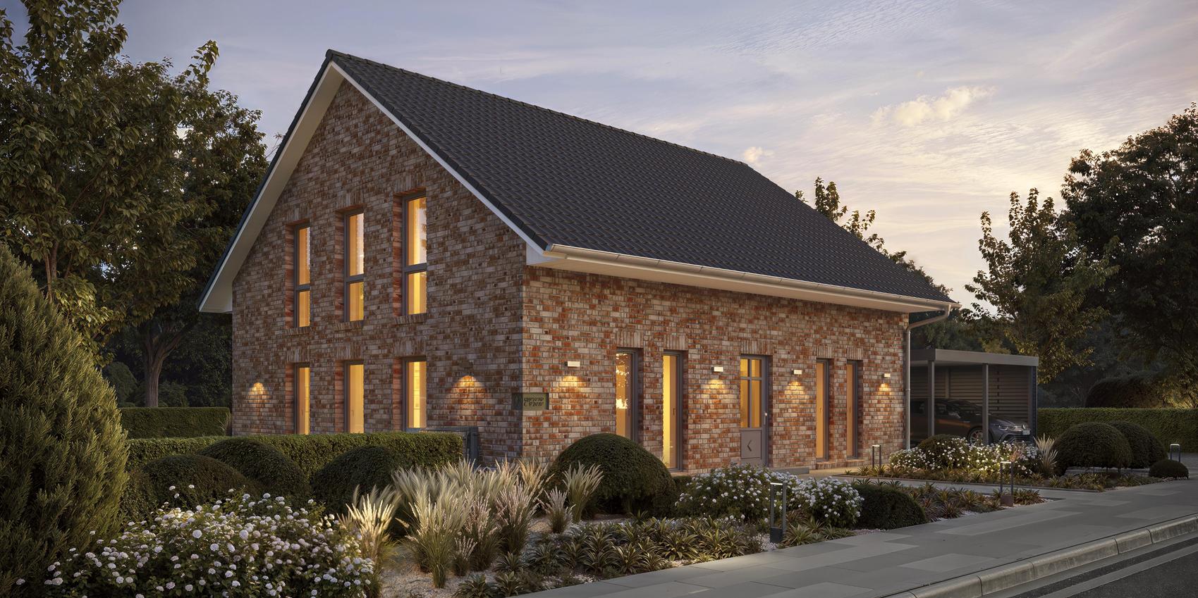 Giebel- und Seitenansicht eines Einfamilienhauses mit Klinkerstein von Viebrockhaus - Das Haus heißt Maxime 700