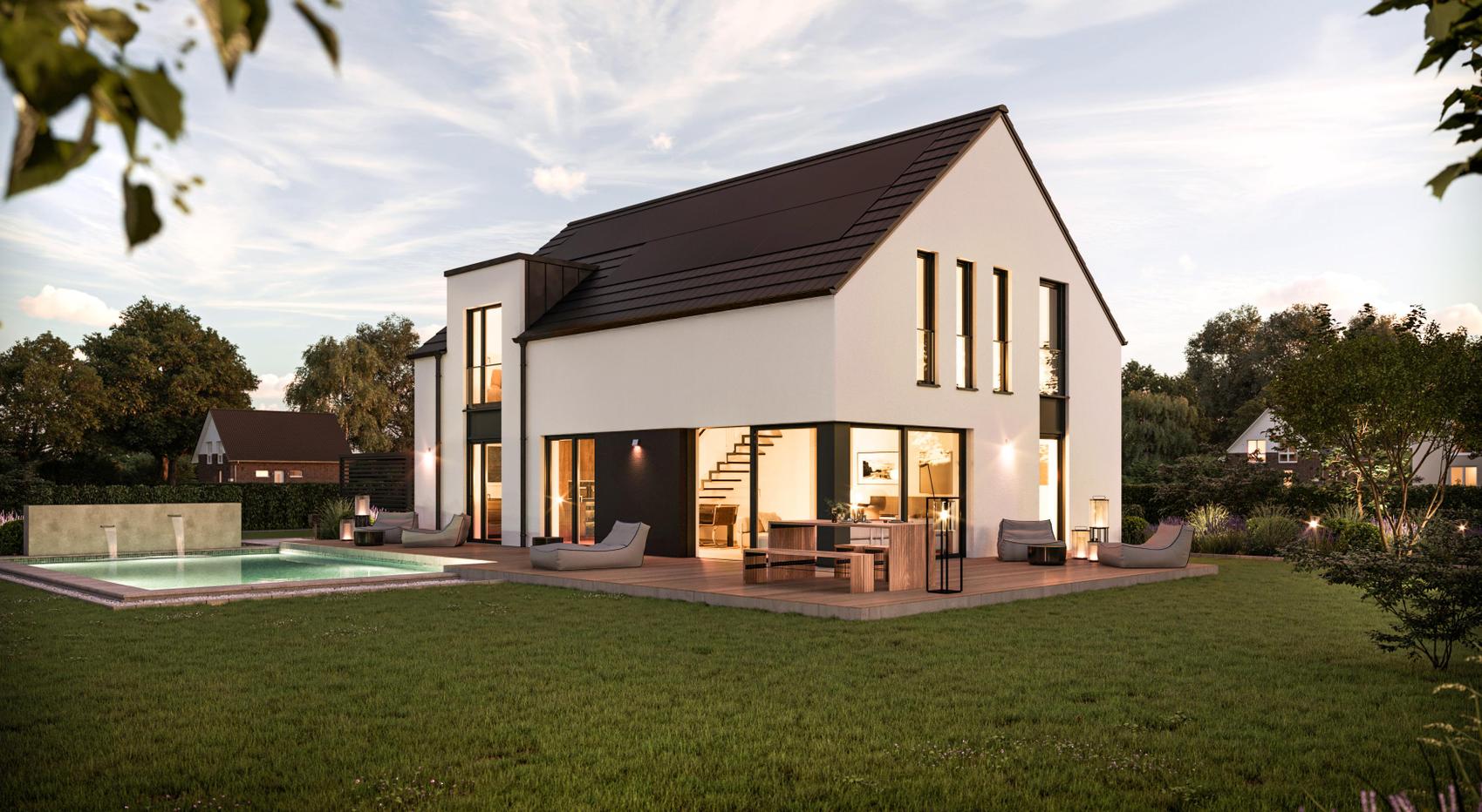 Ansicht eines Einfamilienhauses mit zwei Etagen in der Dämmerung. Das Haus hat einen Garten mit Pool und eine große, umlaufende Terrasse. Es handelt sich um das Maxime 380 von Viebrockhaus