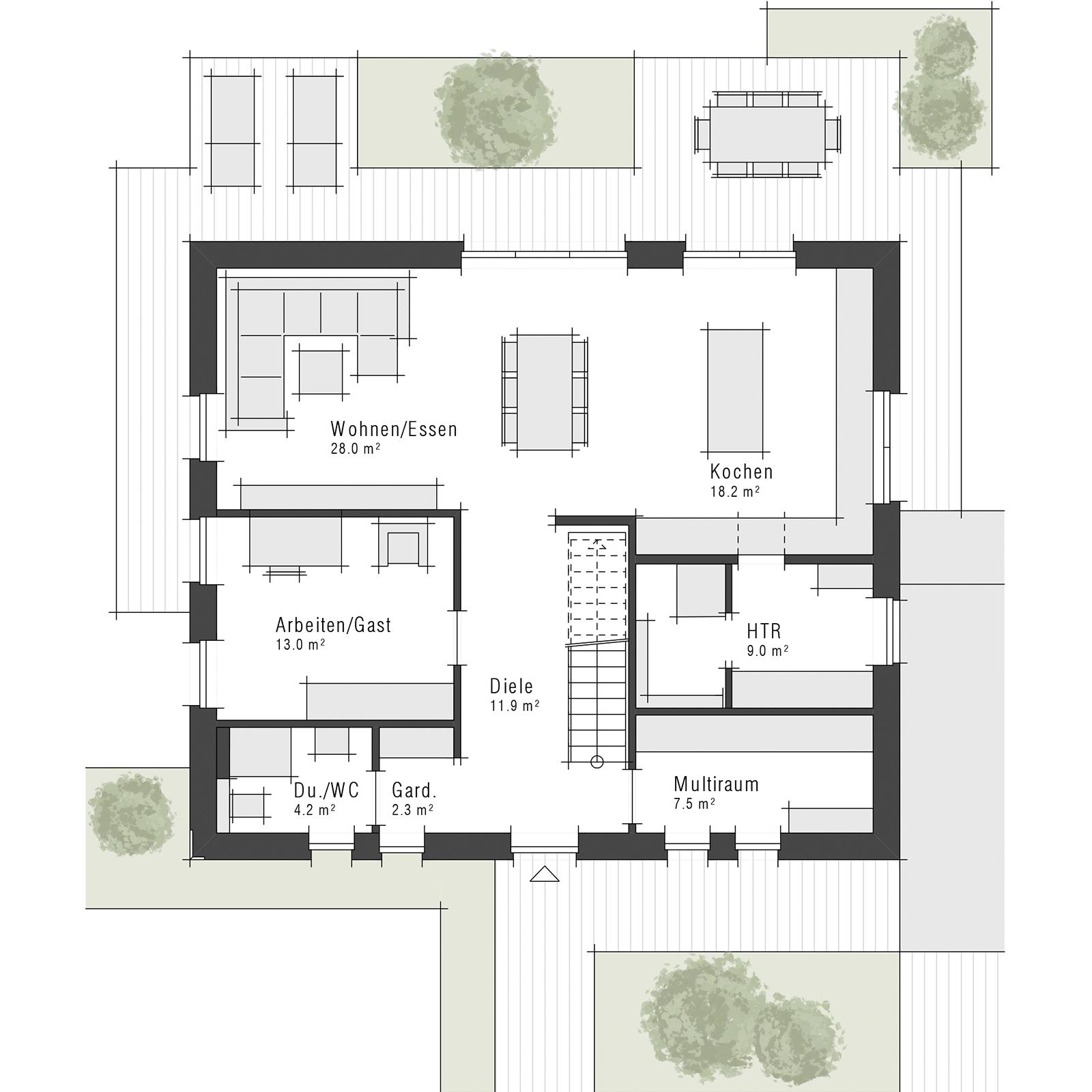 Grundriss des Erdgeschosses des Einfamilienhauses Maxime 700 von Viebrockhaus