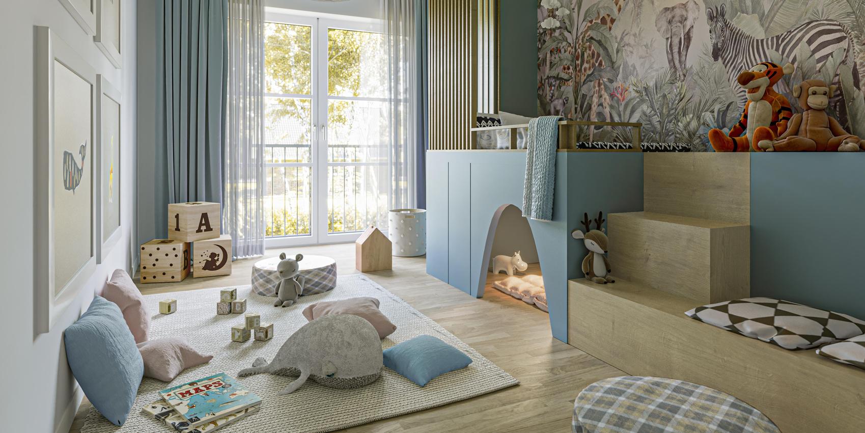 Blick in ein hell gestaltetes Kinderzimmer mit Hochebene und Kuschelhöhle