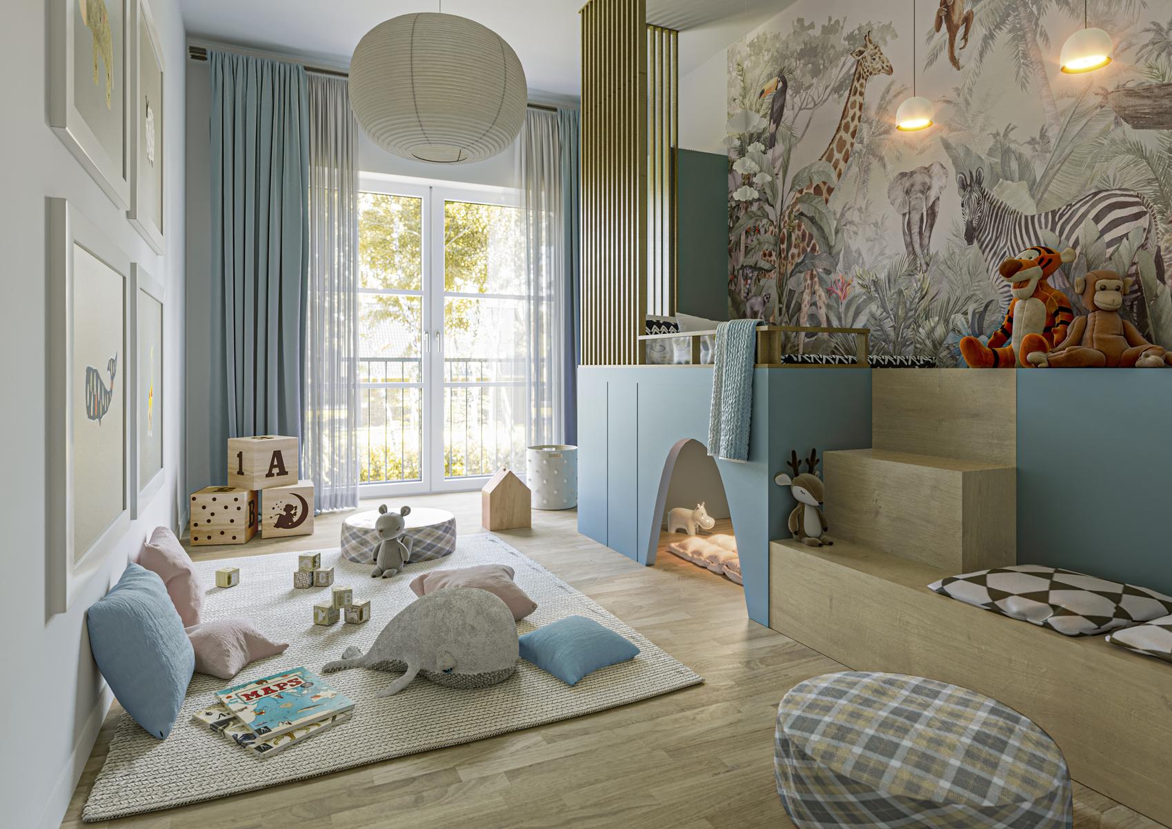 Blick in ein hell und freundlich gestaltetes Kinderzimmer mit Hochebene und Kuschelhöhle.