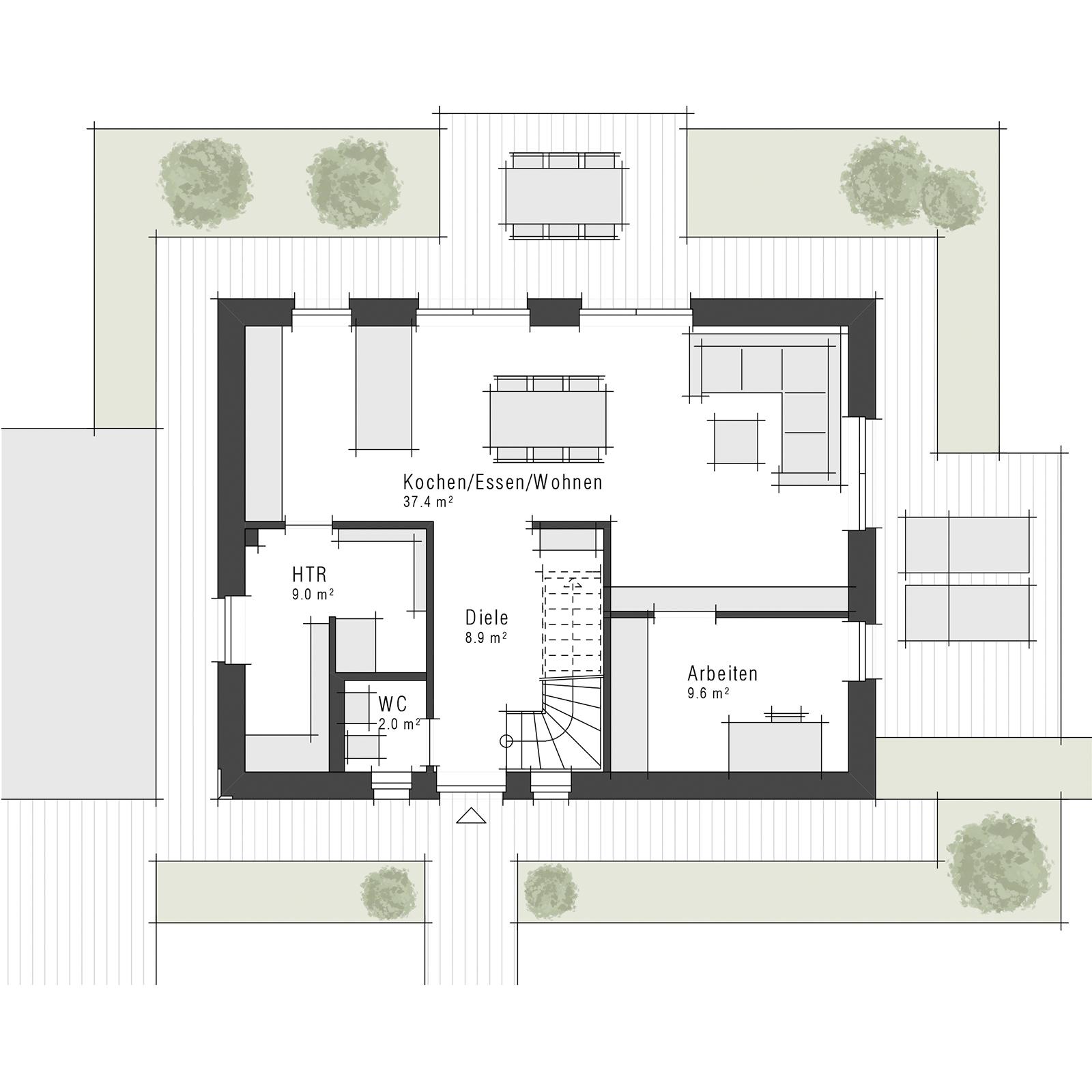Grundriss des Erdgeschosses des Einfamilienhauses V5 von Viebrockhaus